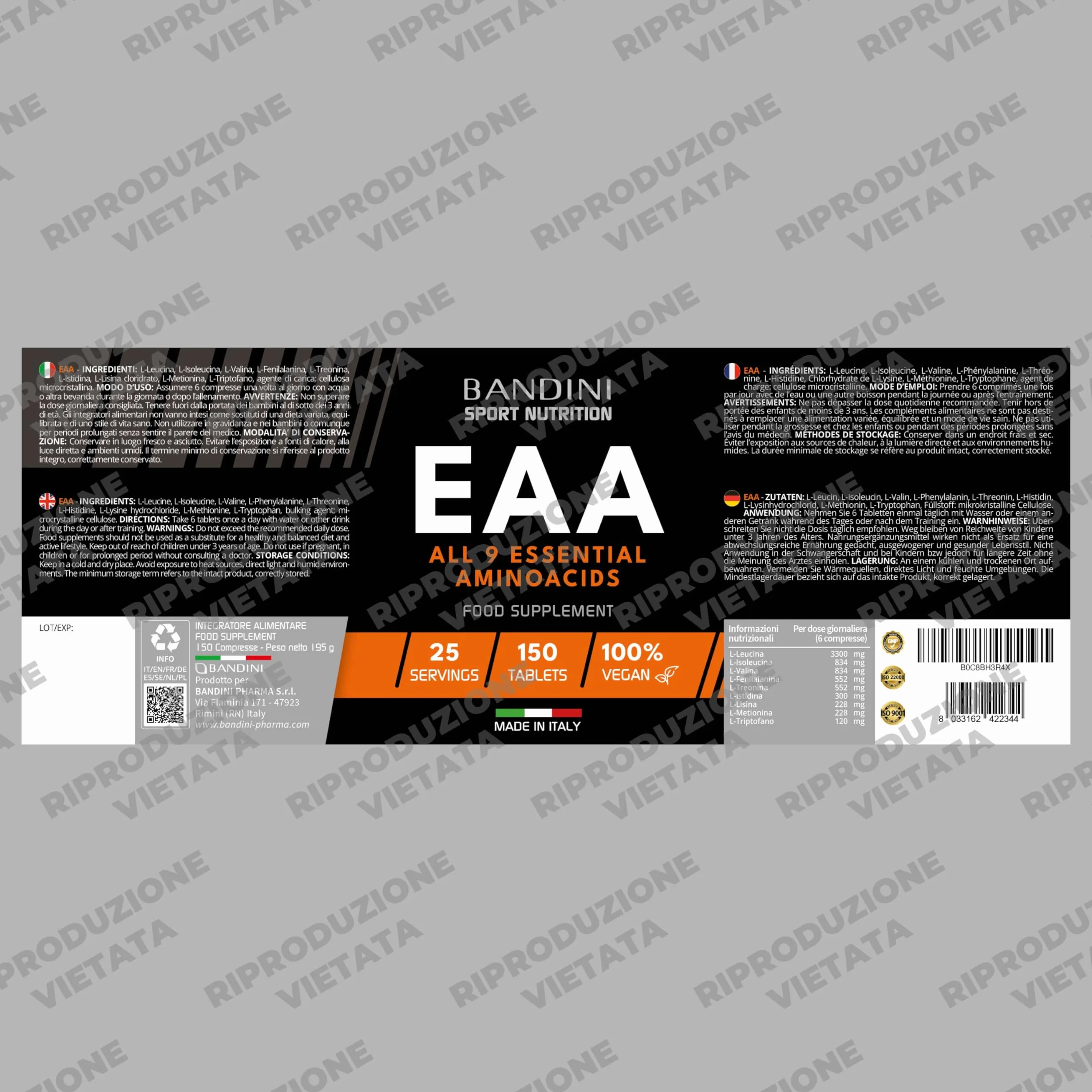 Bandini® EAA Aminoacidi Essenziali 1300mg | 150 Compresse | Complesso 9 Amminoacidi Intra Pre Post Workout - Essential Amino da Fermentazione | Integratore Alimentare sportivo | Vegan, Senza Zuccheri
