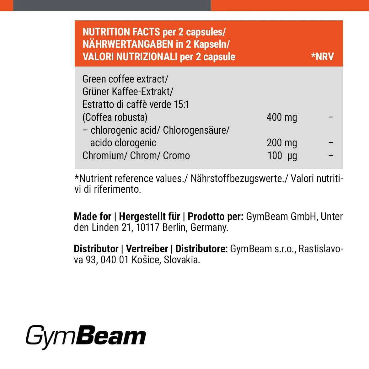 GymBeam Caffè Verde Estratto di Caffè Verde con Acido Clorogenico e Cromo Bruciagrassi Naturale 120 cps