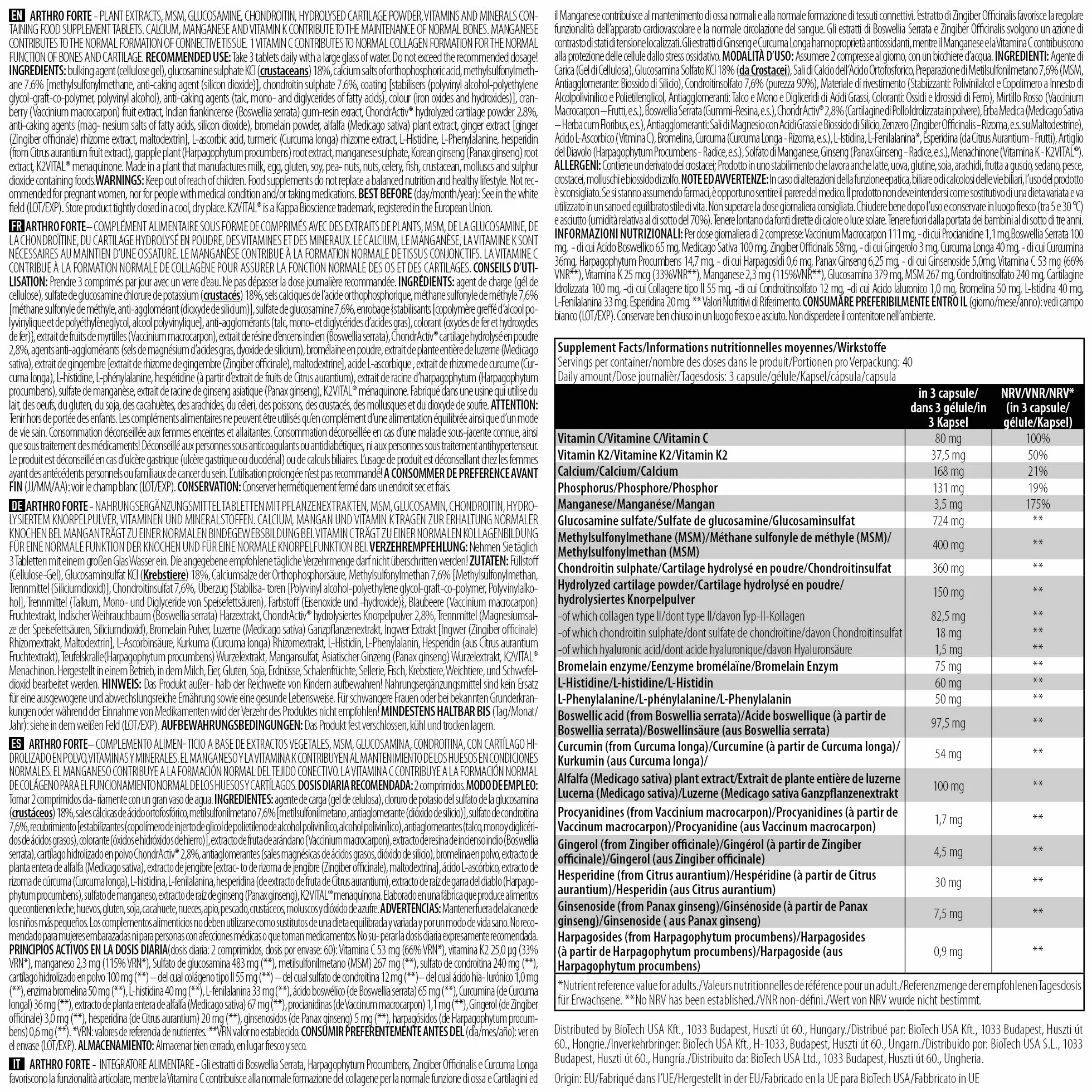 BioTechUSA Arthro Forte, Integratore alimentare in compresse con estratti vegetali, glucosamina, condroitina, MSM, polvere di cartilagine idrolizzata, vitamina C, 120 compresse