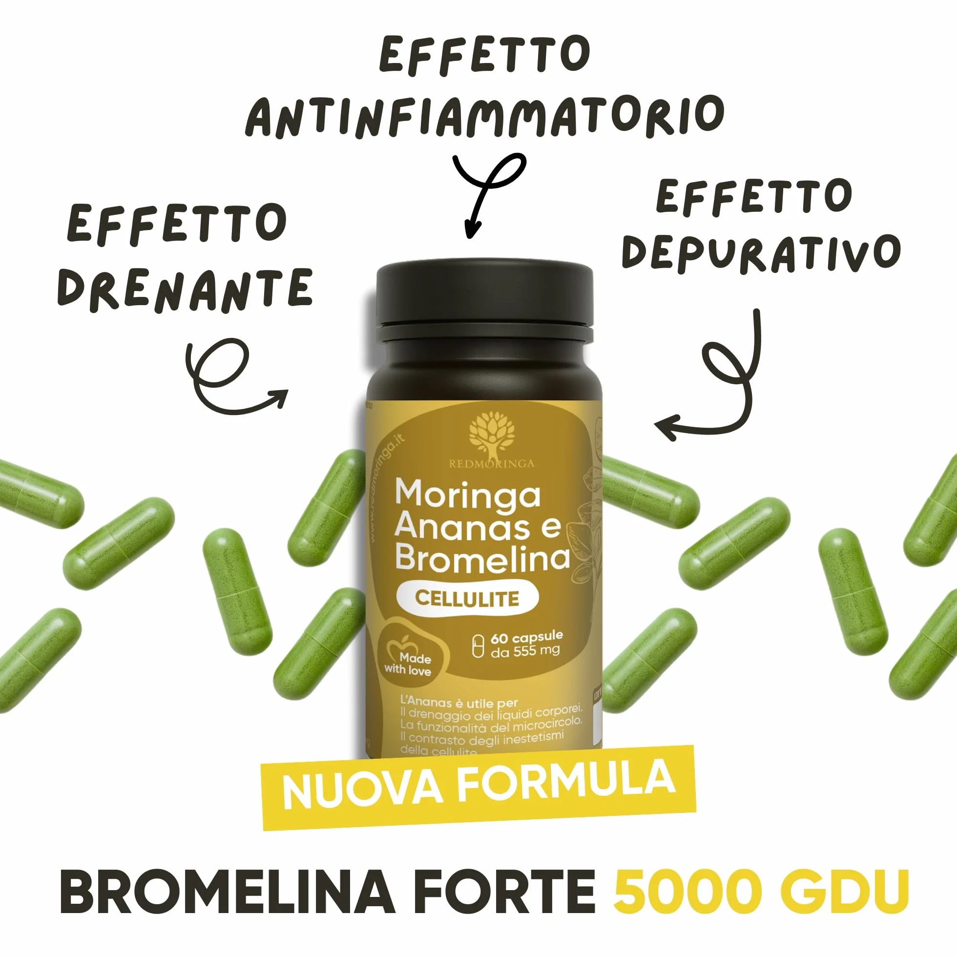 Bromelina Forte Drenante 5000 GDU 100% Naturale Anticellulite Integratore con Moringa Bio e Ananas 60 Capsule Vegane Made in Italy RedMoringa