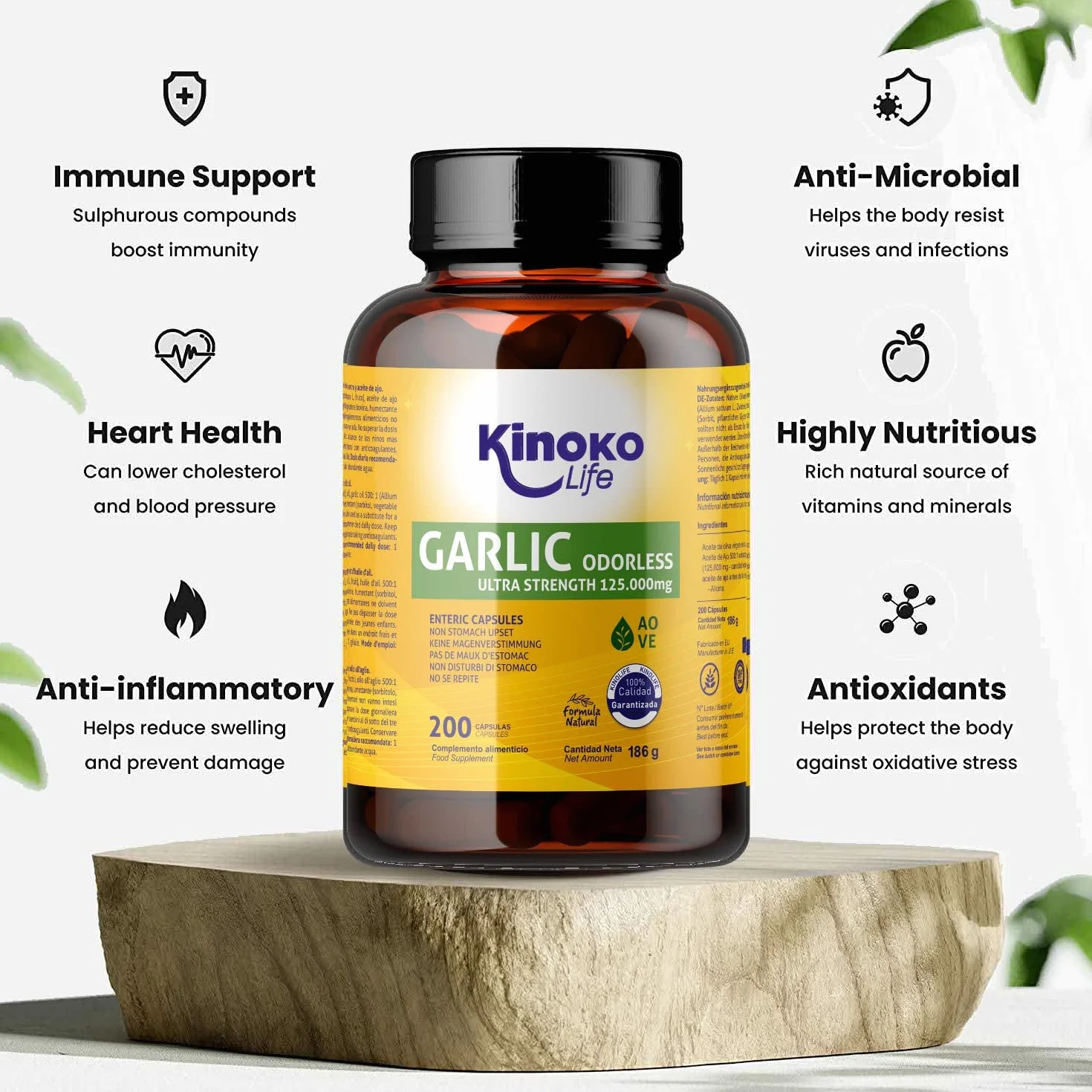 Aglio Deodorato 500:1 (Allium sativum) – 250 mg per Capsula, 2500 mcg Alicina, Softgel con Rivestimento Enterico, Formula Inodore, con Olio di Oliva, 200 Capsule, Senza Glutine, Non OGM