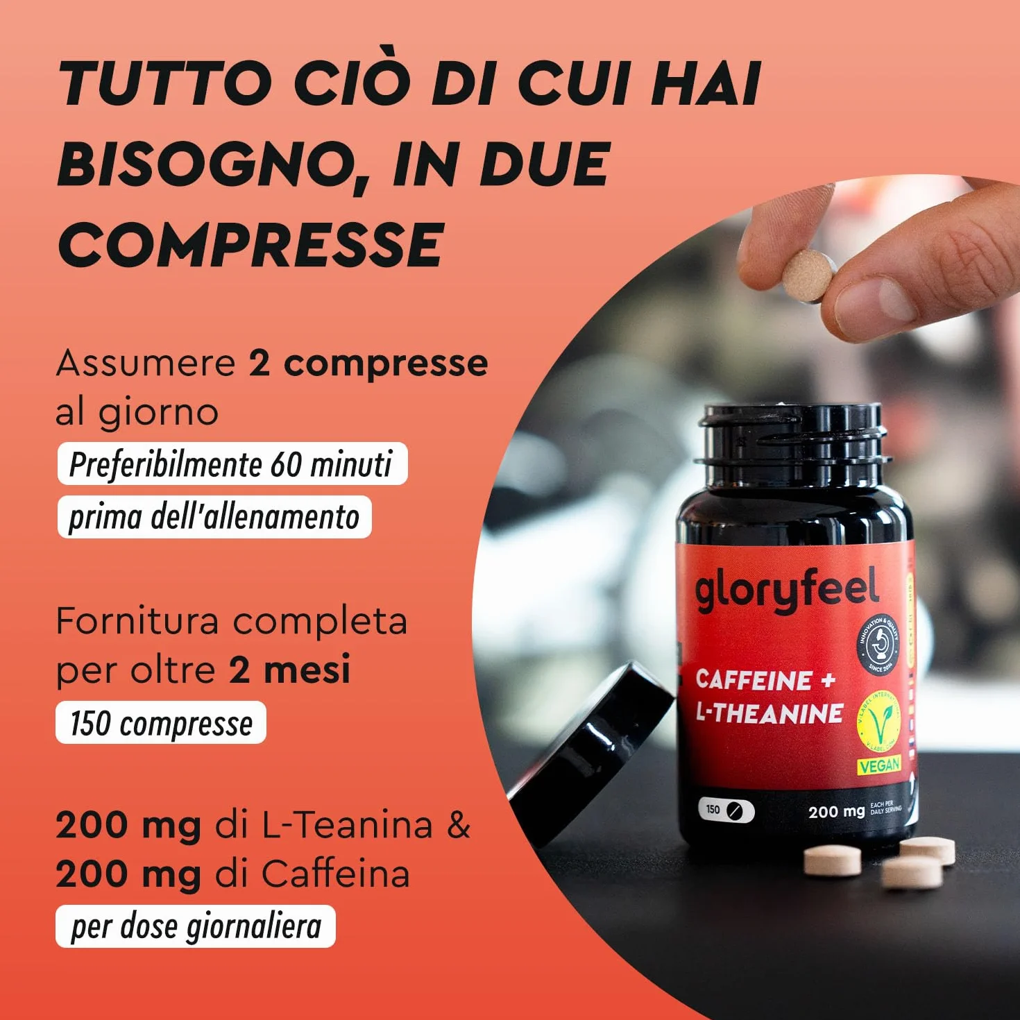 Caffeina + L-Teanina ad alto Dosaggio - 150 Compresse con 200mg di Caggenia + 200mg di L-Teanina da Estratto di Tè verde per dose giornaliera - 100% vegano e testato in Laboratorio