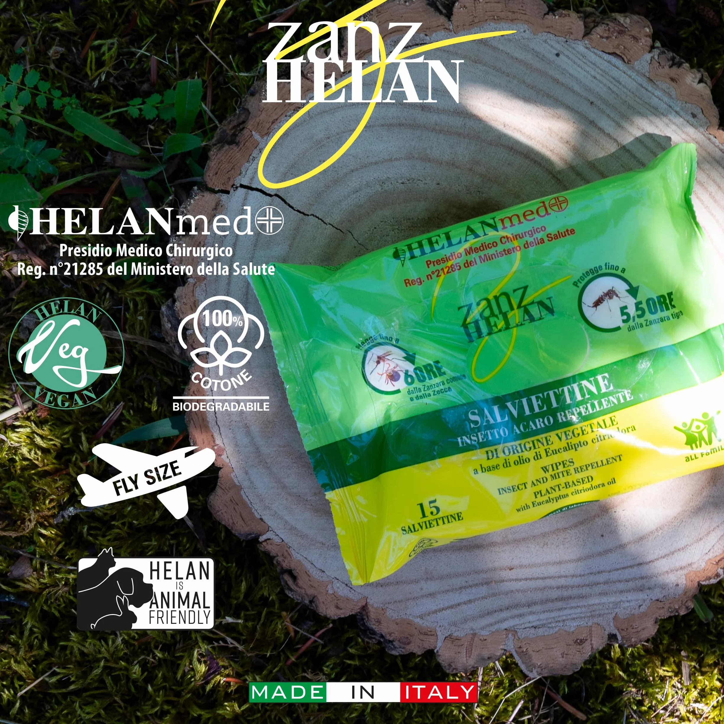 Helan Med Zanzhelan Salviette Umidificate Antizanzare 100% Cotone Bio Olio di Neem 15 Salviettine Repellente Zanzare Zecche 6 Ore