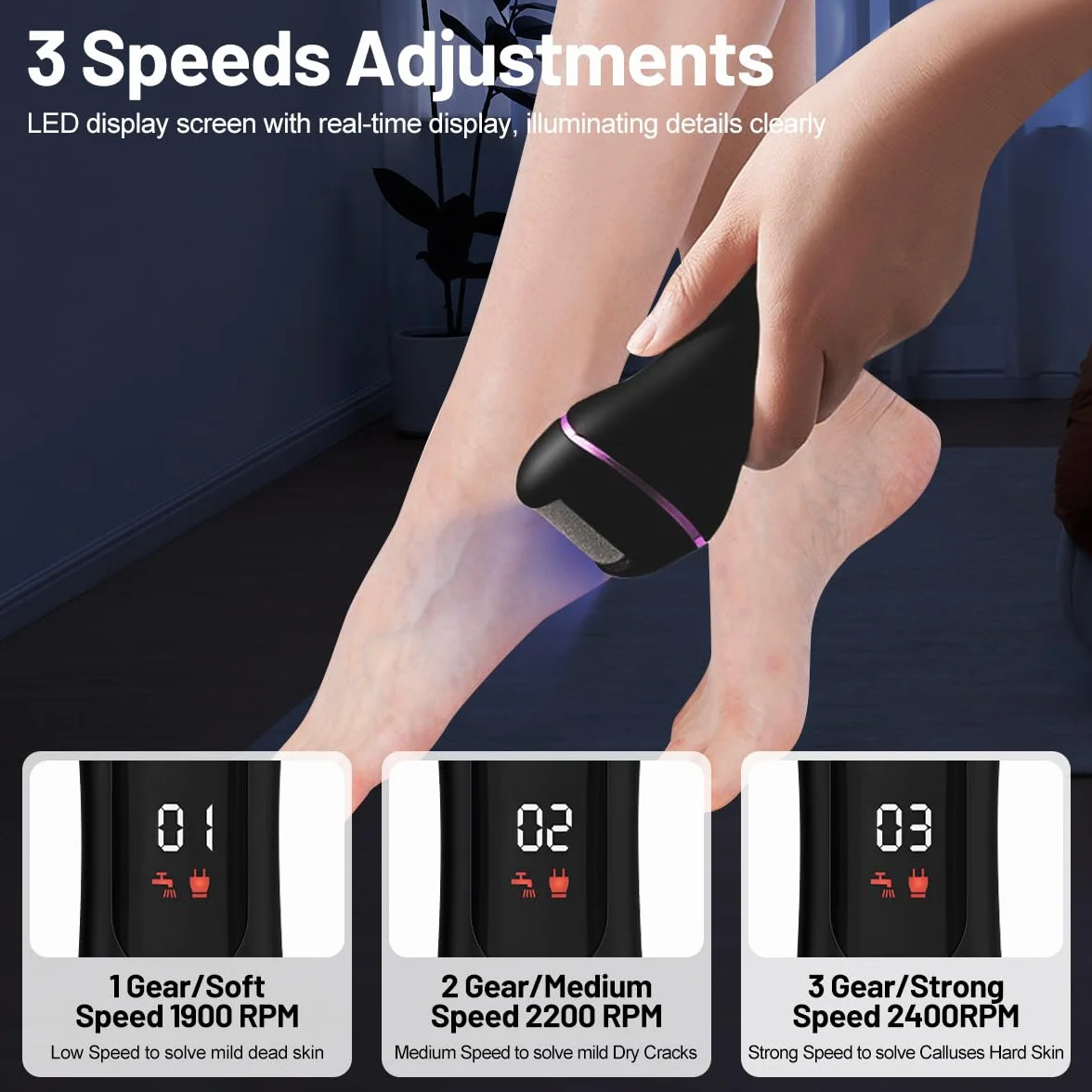 Pedicure Elettrico,Rimuovi Calli Piedi Elettrico,Pedicure Piedi Rimozione,con 3 Velocità,3 Rulli Di Ricambio,IPX6 Impermeabile per Talloni Screpolati,Calli,Pelle Morta(Nero)