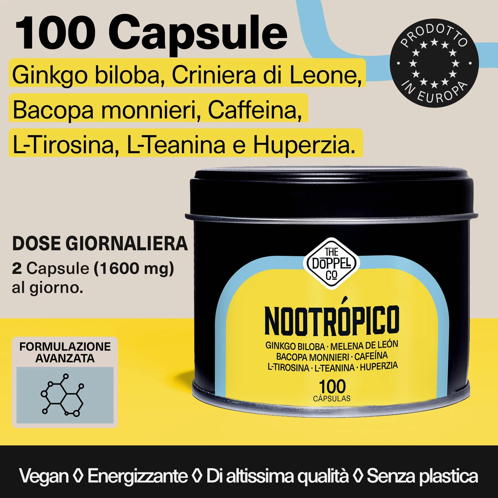 100 Capsule di Nootropico Naturale - 800 mg - Memoria, Concentrazione, Energia - Ginkgo Biloba, Criniera di Leone, Caffeina, Bacopa Monnieri, Tirosina, Teanina, Huperzia - Prodotto in Europa