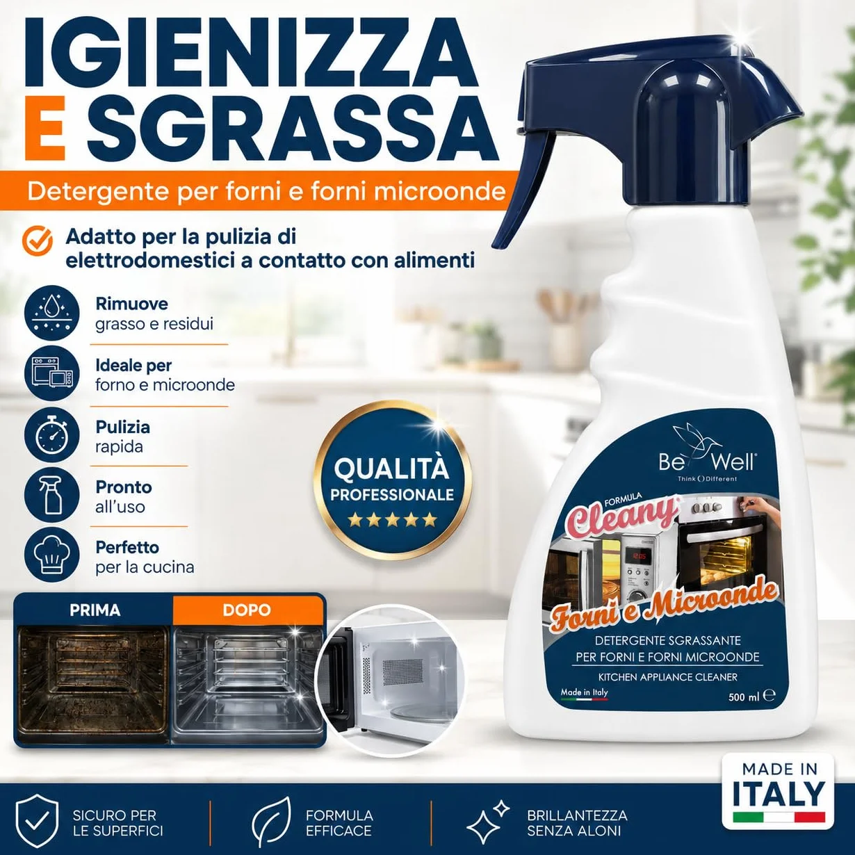 CLEANY Detergente Sgrassante Spray Forni Microonde 500 ml Made in Italy