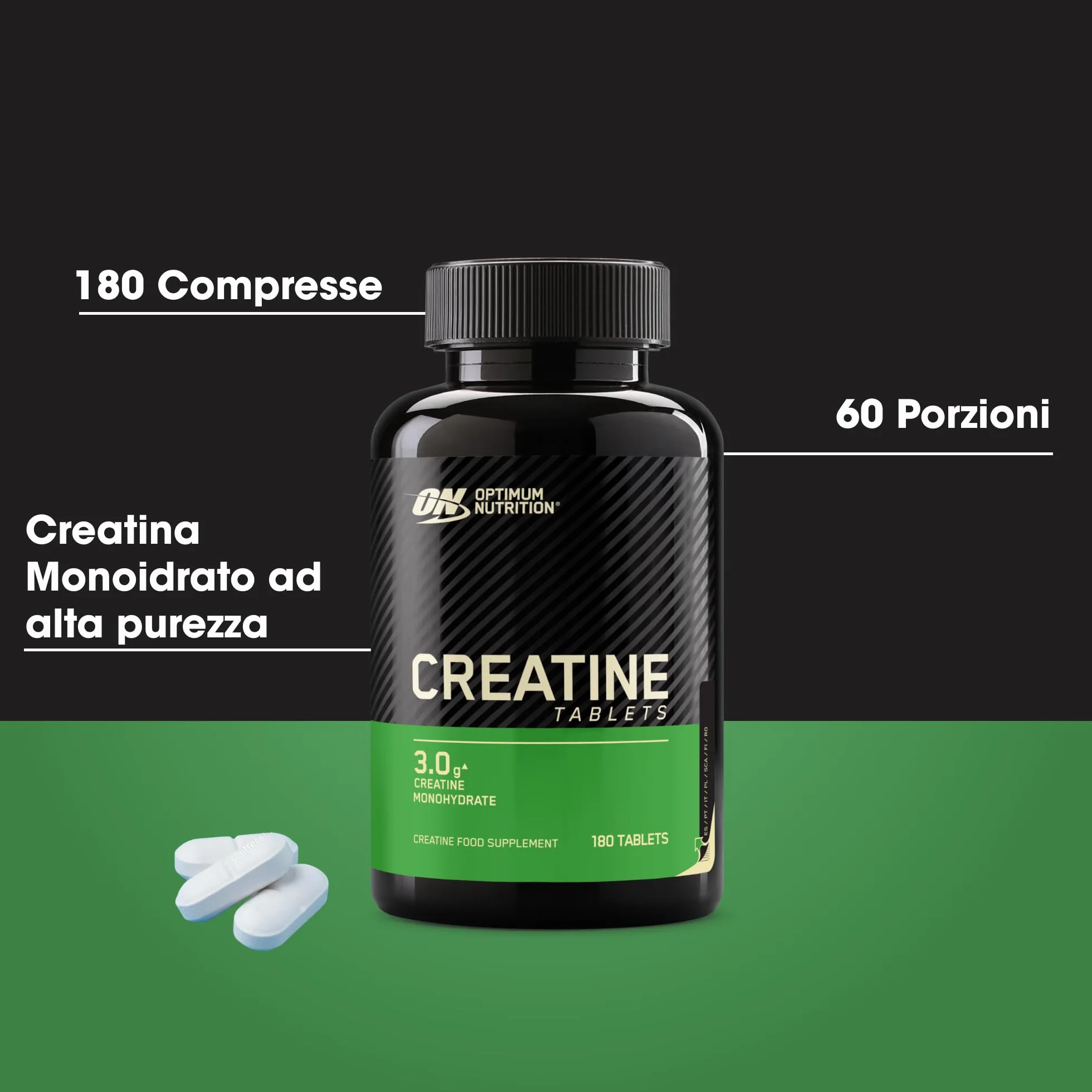 Optimum Nutrition Creatine Tablets – 3 g di Creatina Monoidrato per Porzione per Supportare le Prestazioni Durante l’Allenamento ad Alta Intensità – 60 Porzioni (180 Compresse)