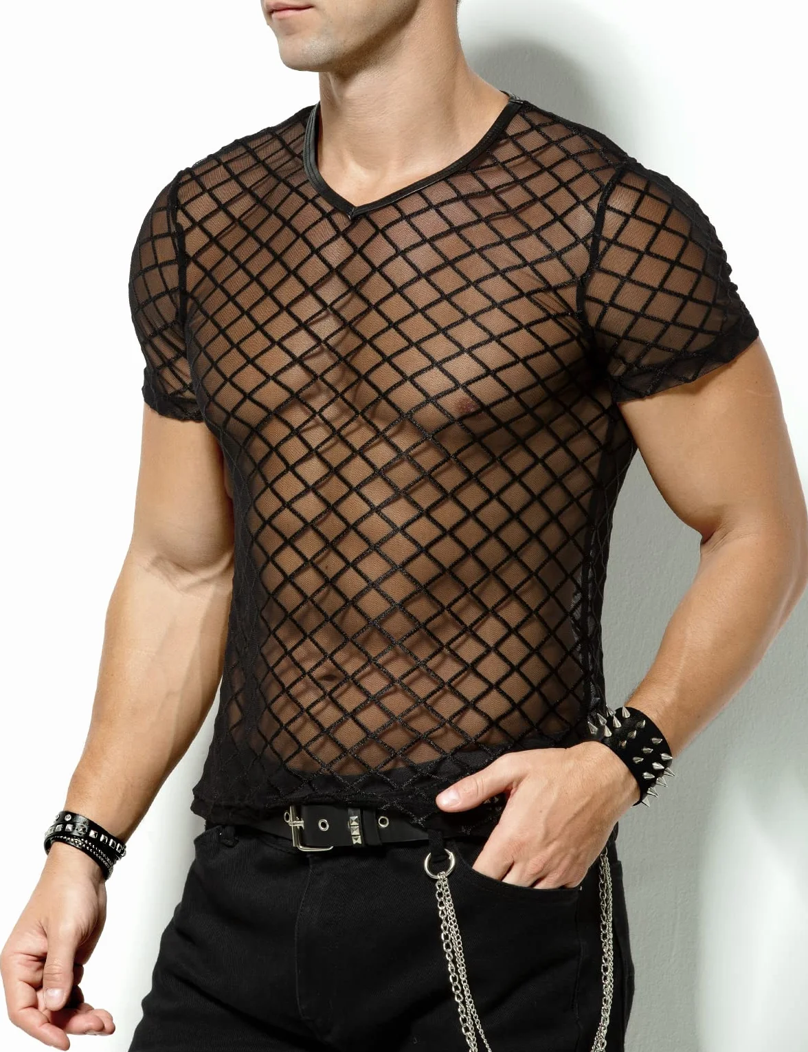 Casey Kevin Maglia Trasparente Uomo Rete Intimo Sexy Mesh Fishnet T-Shirt Camicia Party