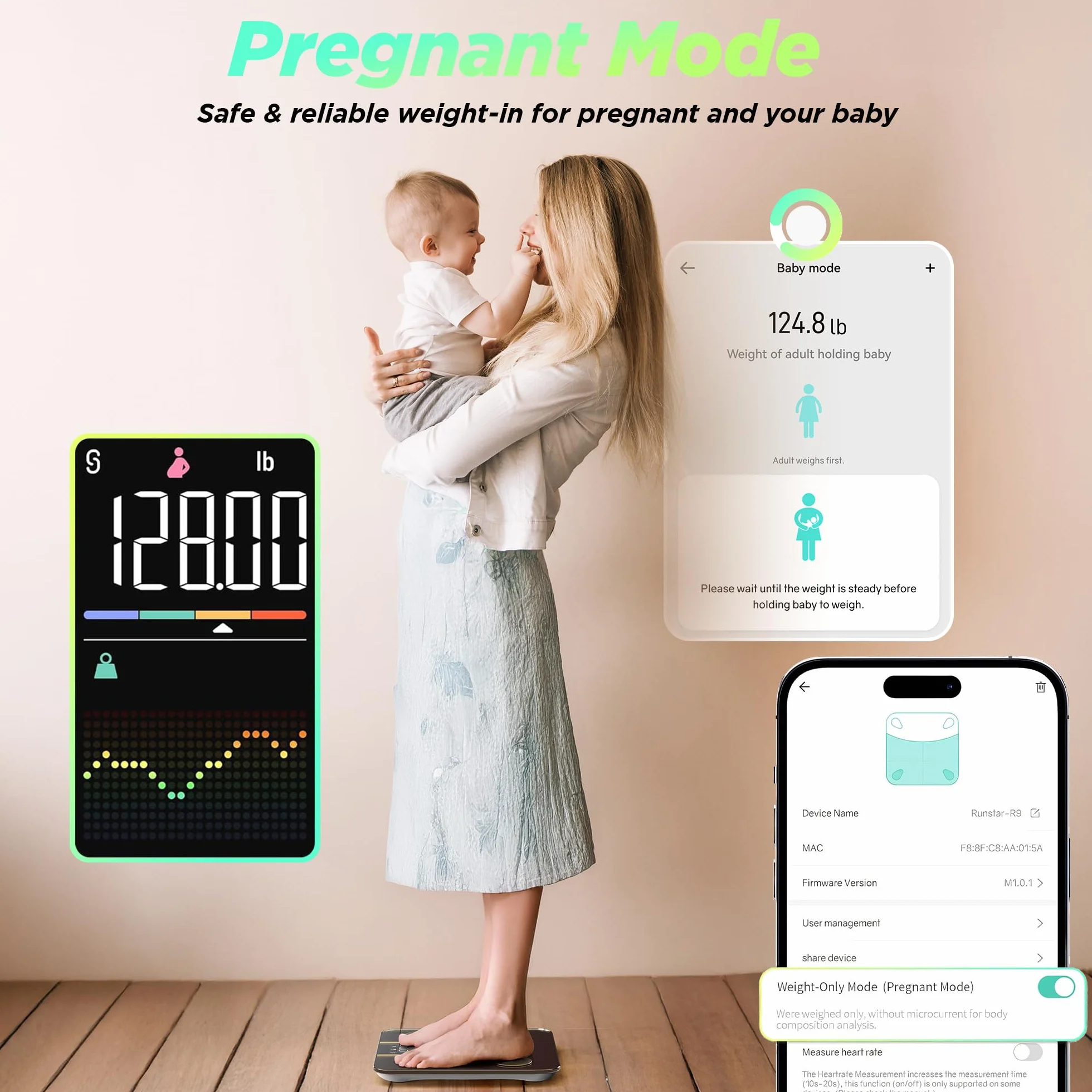 RunStar Bilancia Pesapesone Smart 8in1 Display VA, Alta Precisione Peso Corporeo BMI Grasso Corporeo 22 Dati Composizione Corporea Sync App
