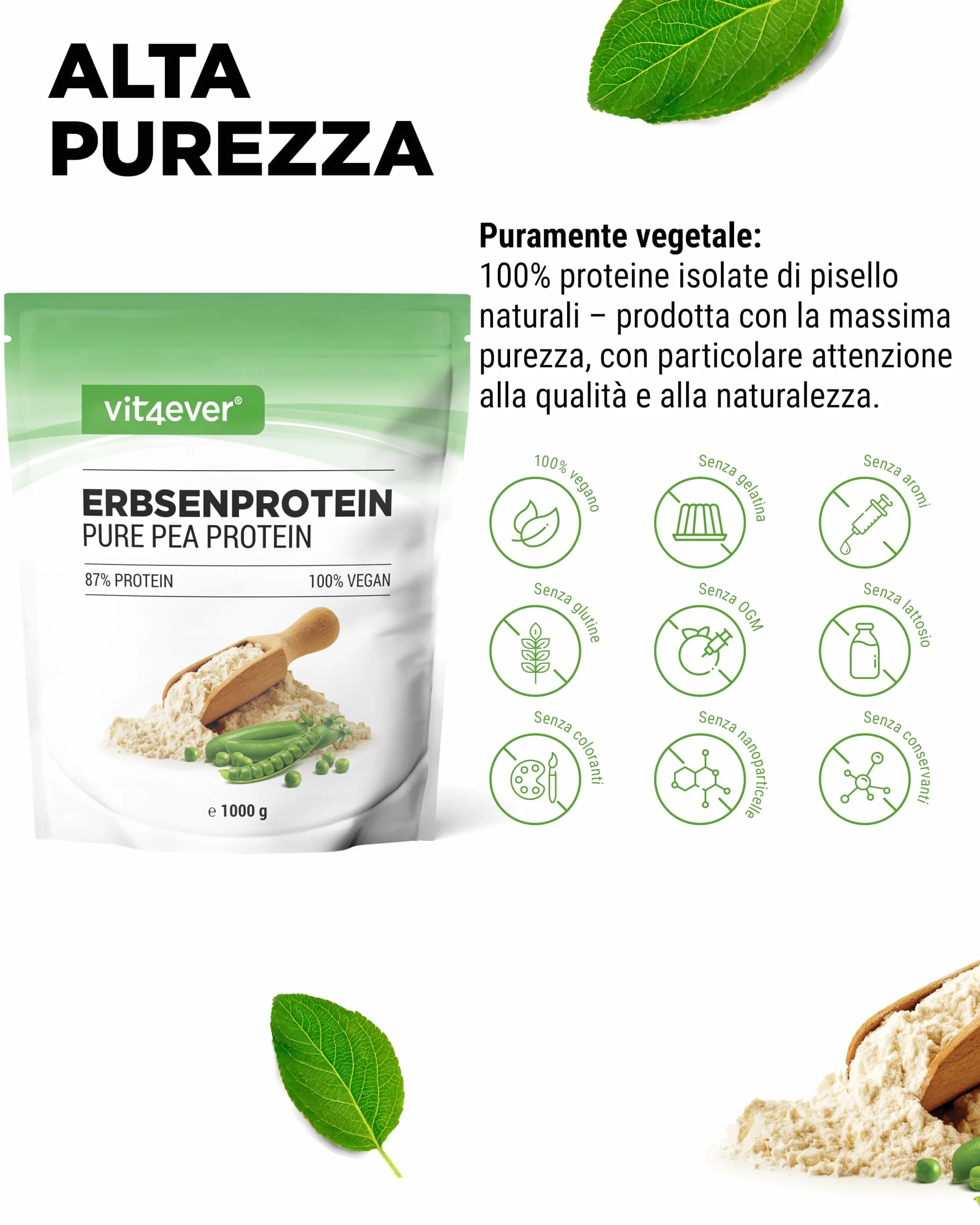 Proteine del Pisello in Polvere 1000g 87% Proteine 100% Isolate Vegane Senza Zucchero Glutine Soia Lattosio
