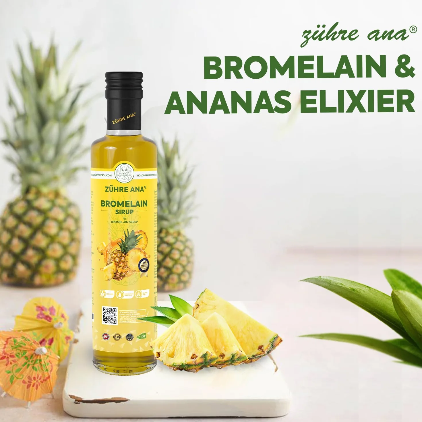 Zühre Ana® Sciroppo di bromelina con coenzima Q10, estratto di mate, L-carnitina e aroma di ananas naturale - Vegano