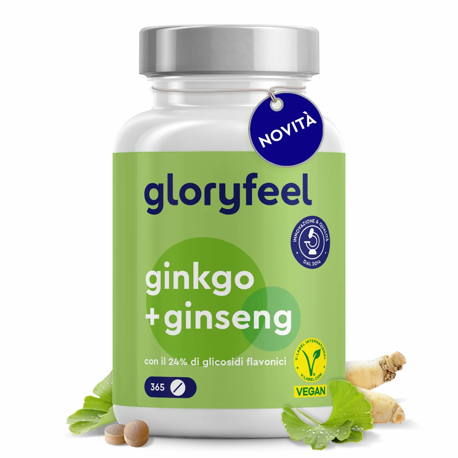 Ginkgo + Ginseng 365 Compresse - 24% Glicosidi Flavonici - Estratto di Panax Ginseng e Ginkgo Biloba (50:1) ad Alto Dosaggio - Scorta di 1 Anno - Testato in Laboratorio, Vegan e Senza Additivi