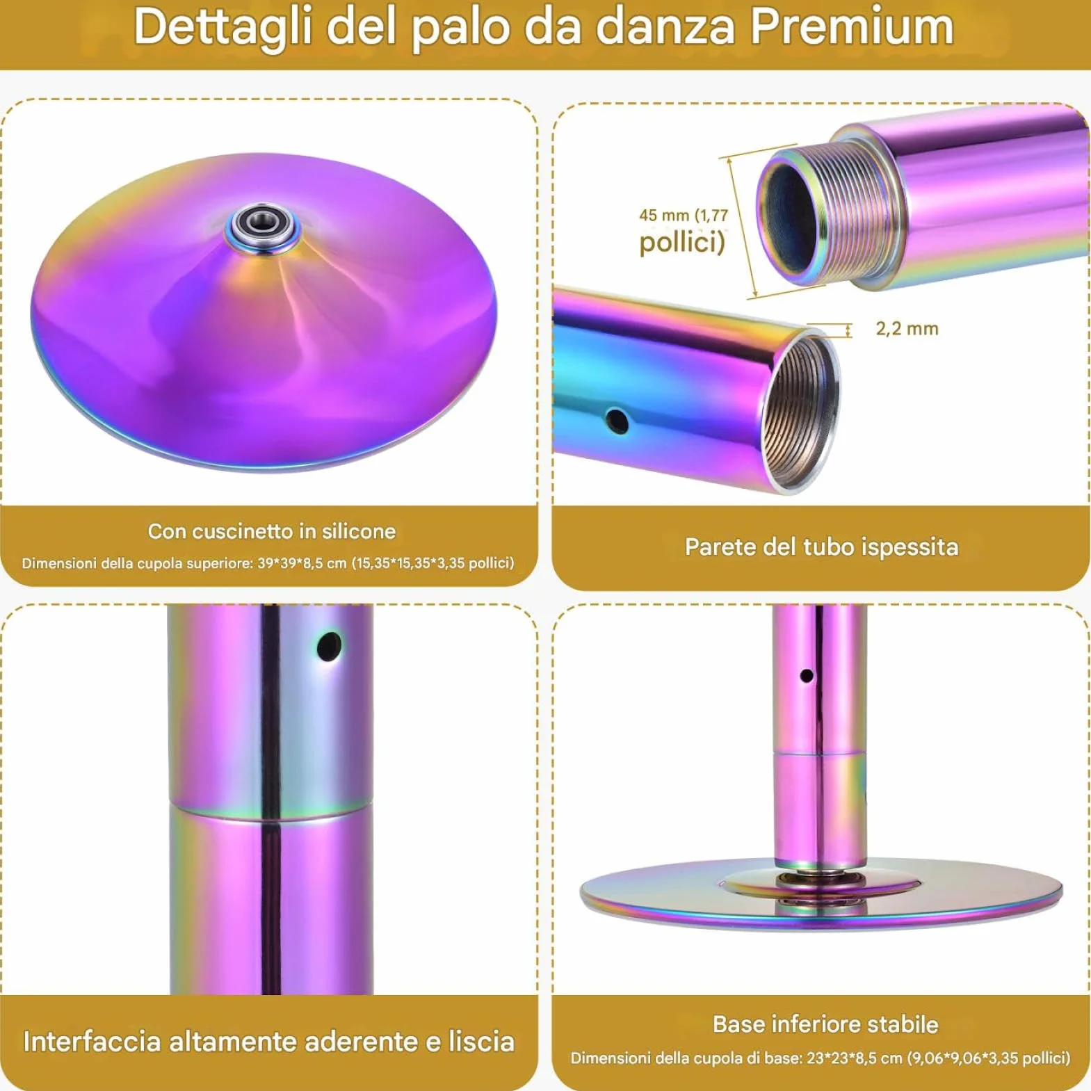 Palos Pole Dance Professionale Altezza Regolabile 223,5-274,5 cm 45 mm Rotante e Statico Portatile Nero/Multicolore