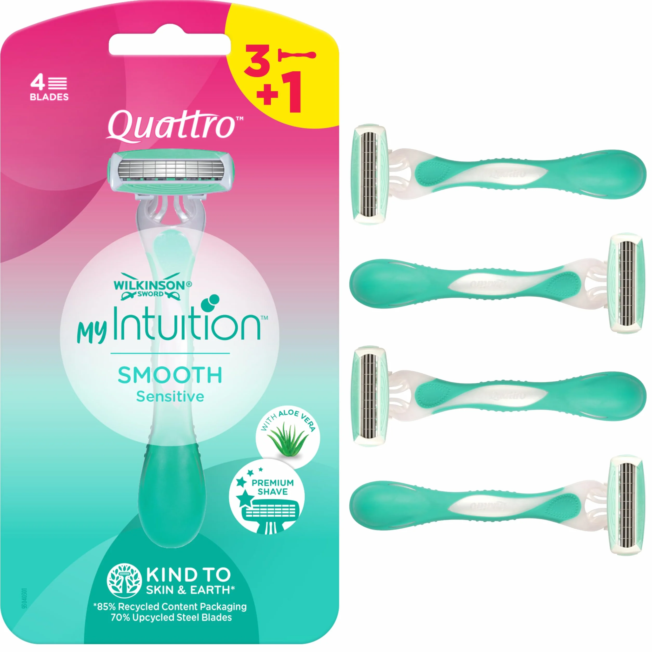 Wilkinson Sword MyIntuition Smooth Sensitive Quattro Rasoio Usa & Getta 4 Lame Donna 2 Strisce Lubrificanti Aloe Vera Vitamina E Confezione 3+1