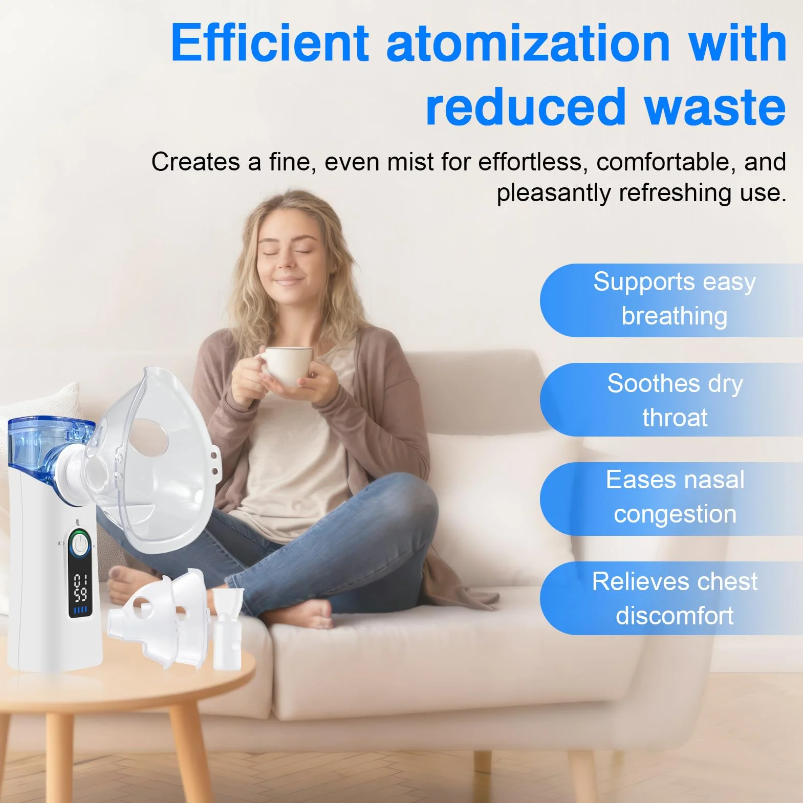 Aerosol Portatile Silenzioso Ricaricabile USB-C con Autopulizia, Nebulizzazione Regolabile, 2 Maschere e Boccaglio per Adulti e Bambini