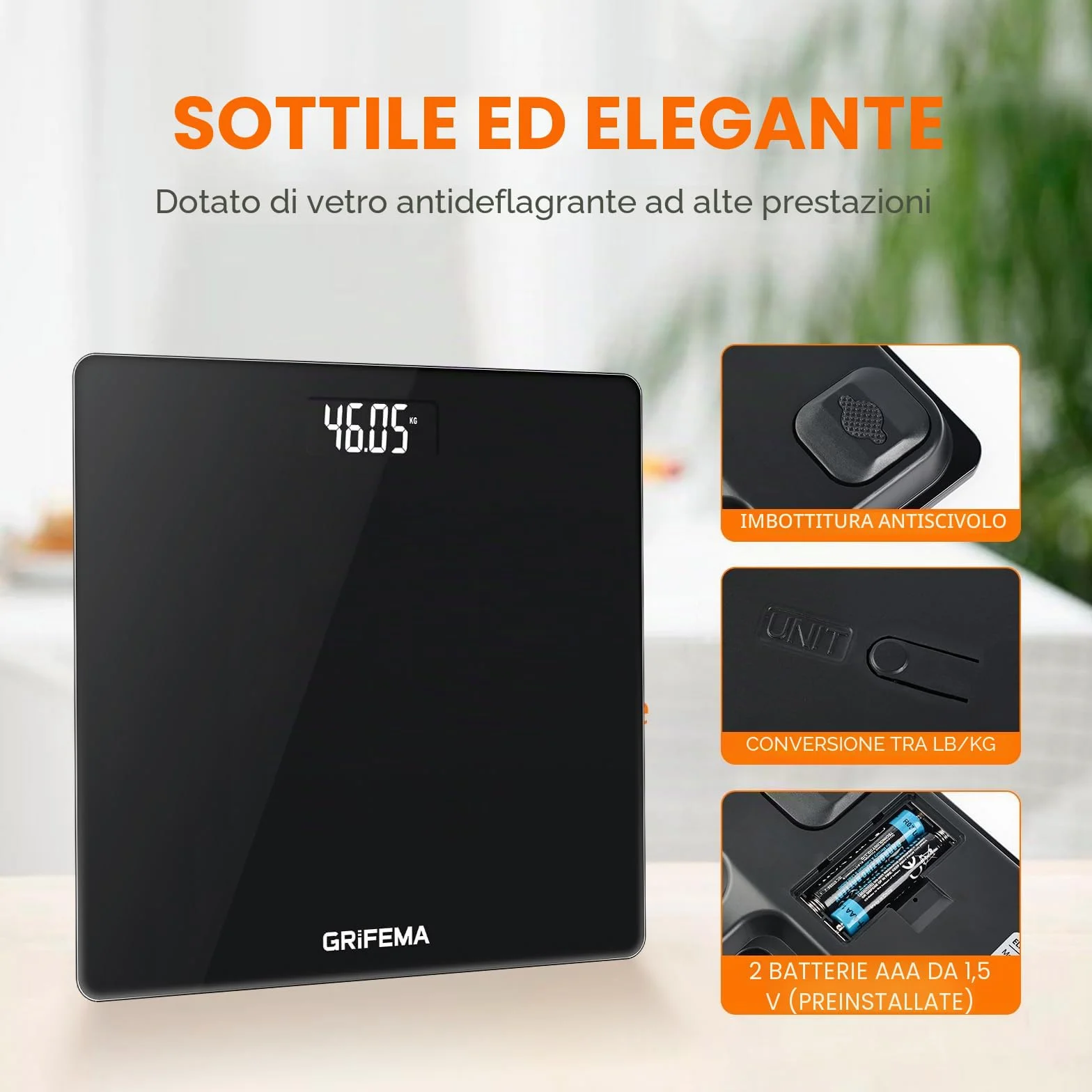 GRIFEMA GA2001-1 Bilancia Pesa Persone Display LCD, Max 150 kg Precisione 50 g, 26x26 cm, Nero