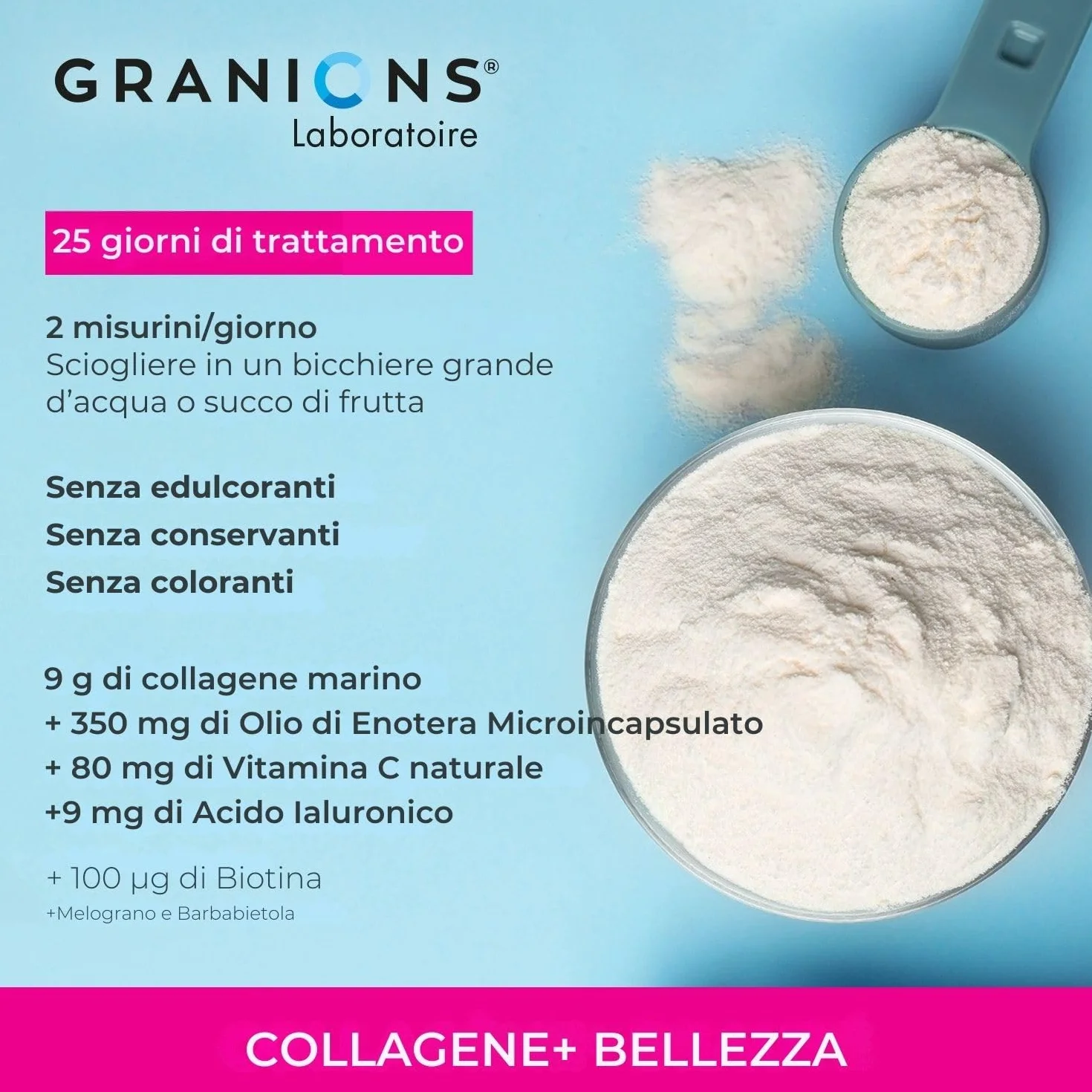 GRANIONS Collagene+ Bellezza in Polvere 260 g | 9 g Collagene Marino Tipo I | Acido Ialuronico + Biotina + Vitamina C + Enotera | Aroma Frutti Rossi | 26 Giorni