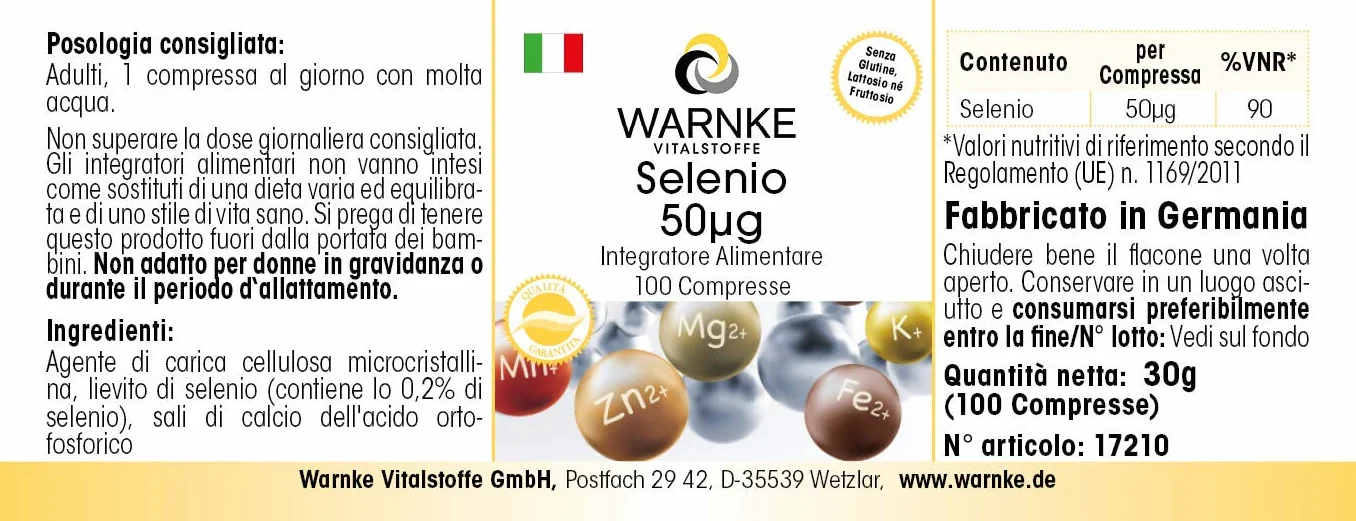 Selenio 50 mcg - 100 compresse - Antiossidante | Warnke Vitalstoffe - Qualità da farmacia tedesca