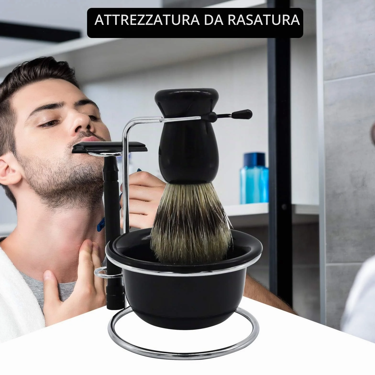 Kit di rasatura per uomo, set universale in acciaio inox con ciotola da barba, il miglior supporto per rasoio di sicurezza, per rasoi manuali, lame, pennello da barba, ciotola da barba