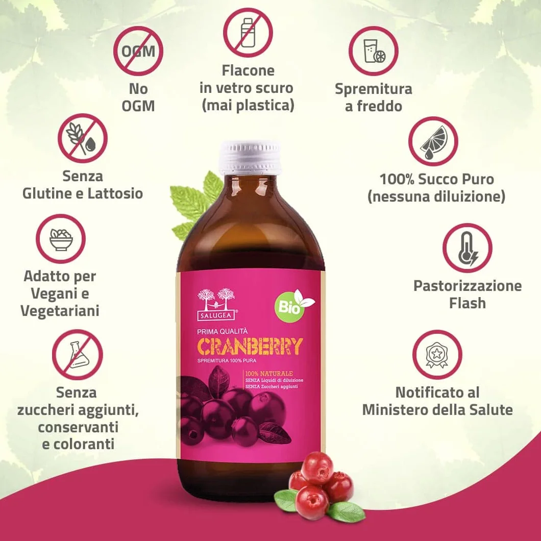 SUCCO DI CRANBERRY BIO Salugea - Mirtillo Rosso Americano - 100% Puro E Biologico - Integratore per le Vie Urinarie e Sistema Immunitario - Flacone in Vetro Scuro Farmaceutico - 500 ml