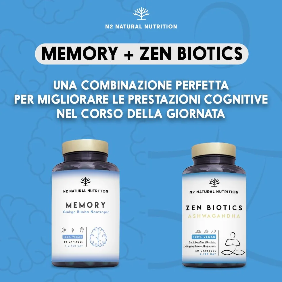 N2 Natural Nutrition Nootropico Naturale Ginkgo Biloba 1140mg Caffeina Bacopa Monnieri Integratore Concentrazione Memoria Vitamine Vegan 60 capsule