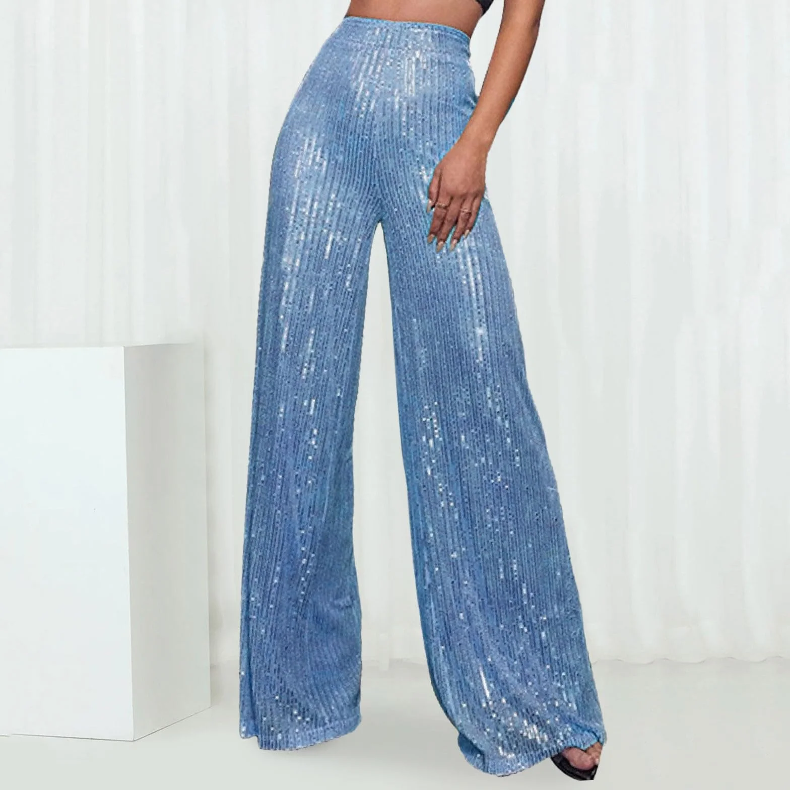 Pantaloni a zampa, alla moda, da donna, a gamba larga, per carnevale, con paillettes, in vita elasticizzata, con brillantini, da sera, per feste