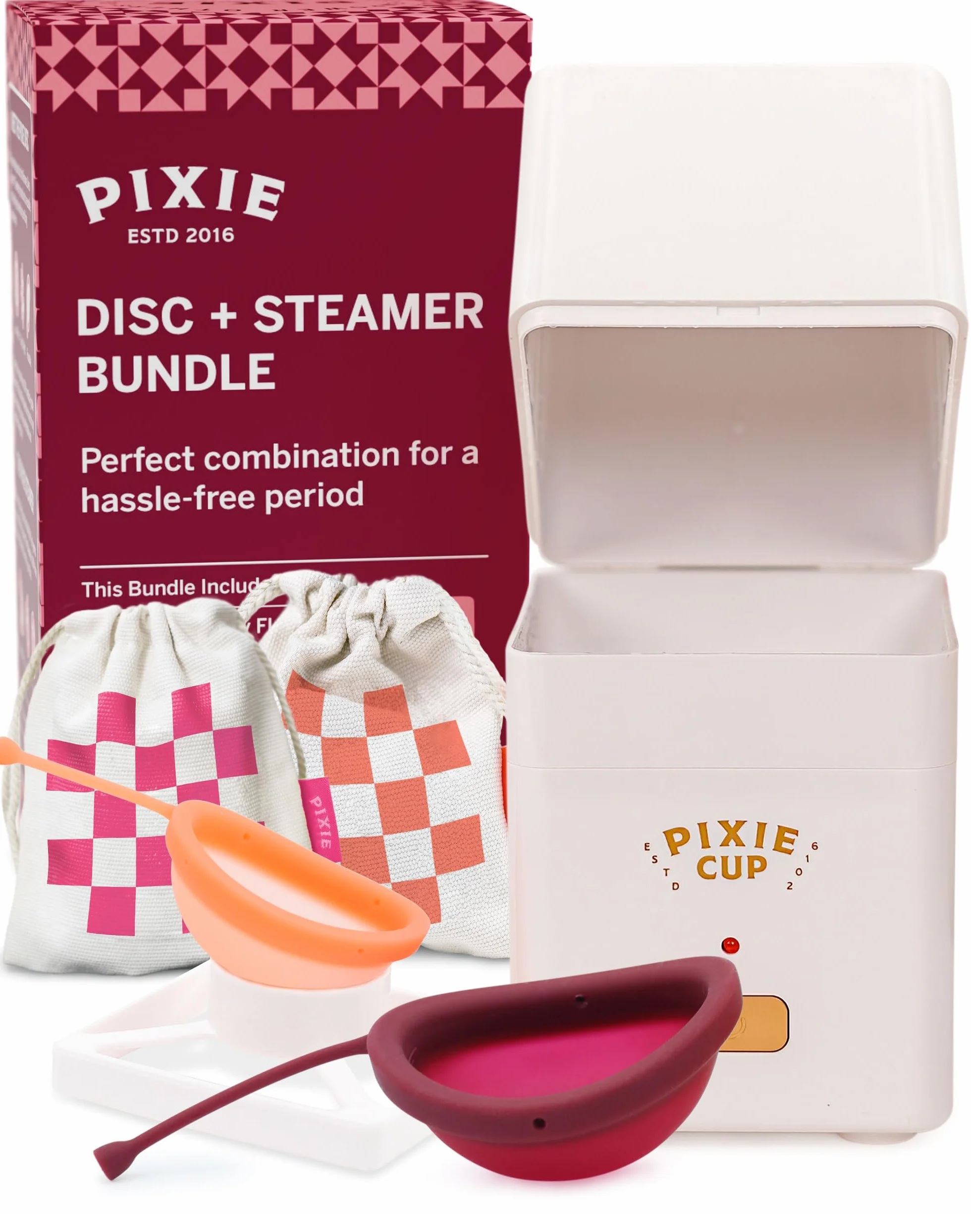 Pixie Dischi Mestruali con Sterilizzatore – N. 1 per Comfort e Morbidezza – Elimina il 99,9% dei Germi con Steamer – Disco Pulito in 3 Minuti! – Kit Sanitizzante Compatto