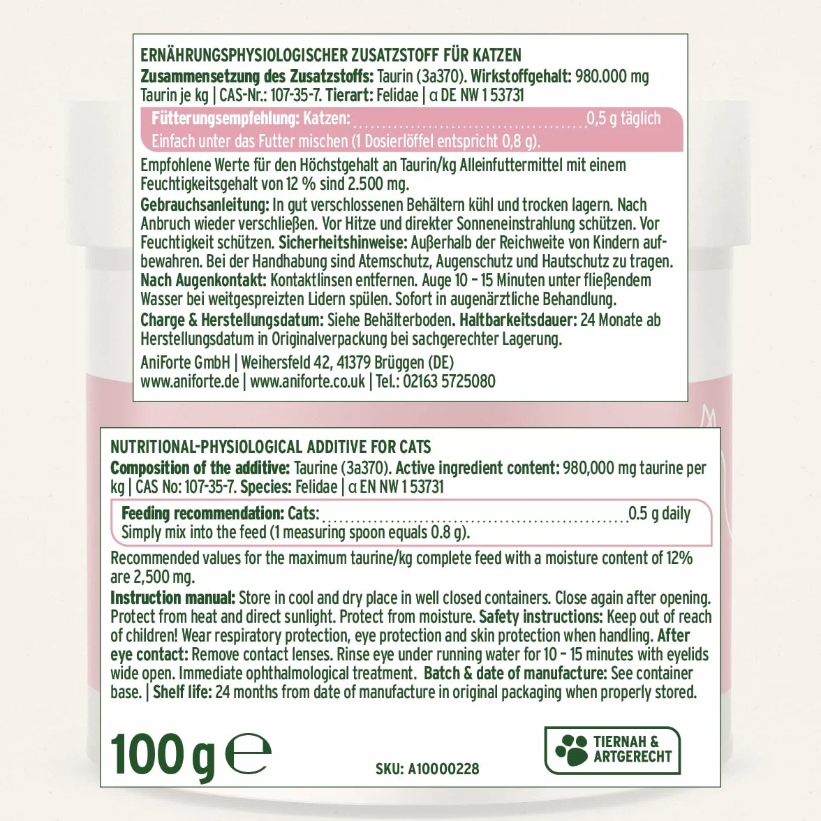 AniForte Taurina per Gatti 100g - 100% Pura, Essenziale per Sistema Nervoso, Immunitario e Cardiovascolare