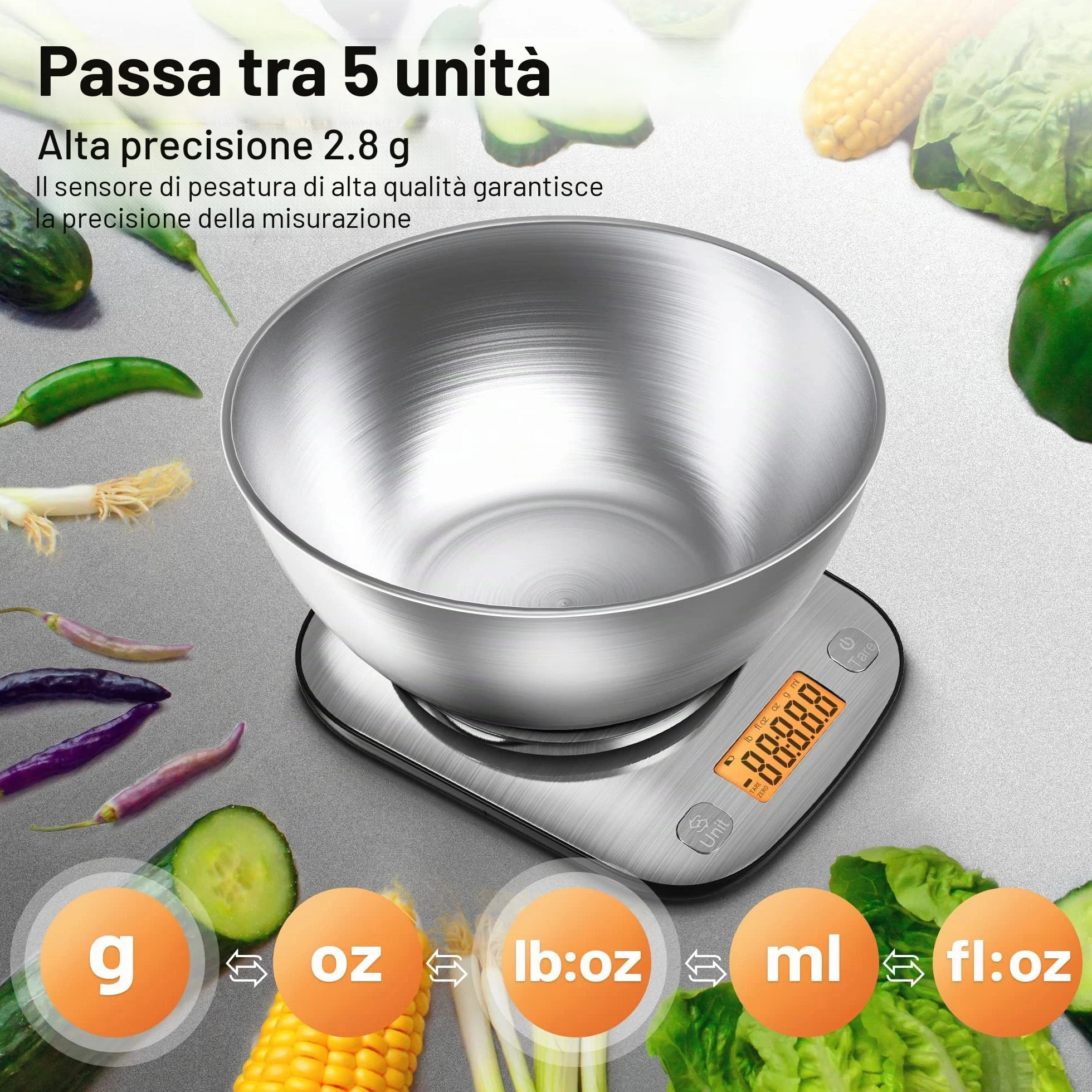 Bilancia digitale da cucina IPX6 in acciaio inox professionale con ciotola per la perdita di peso