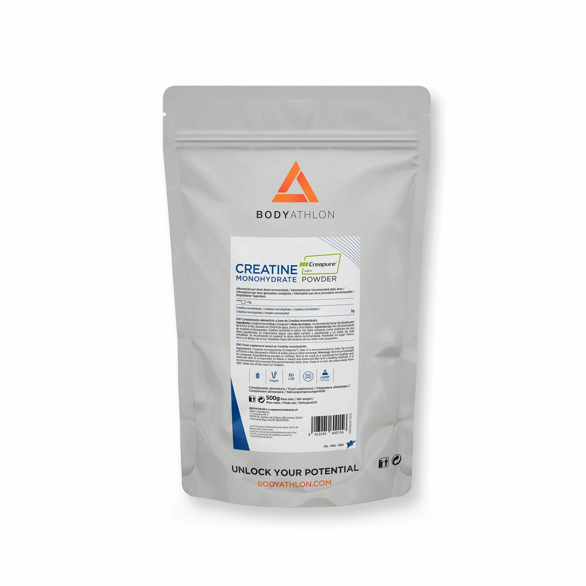 500g Creatina Creapure Polvere|Creatina Monoidrata Per Allenamento| Aumenta massa muscolare, forza e resistenza| Creatine Senza Glutine Fine, Solubile|+Dosatore, Vegan|Creatine Monohydrate|Bodyathlon