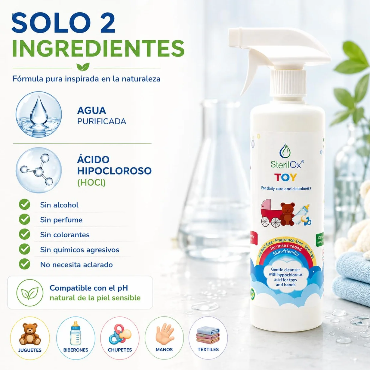 Spray detergente naturale 500 ml con acido ipocloroso per giocattoli bambini