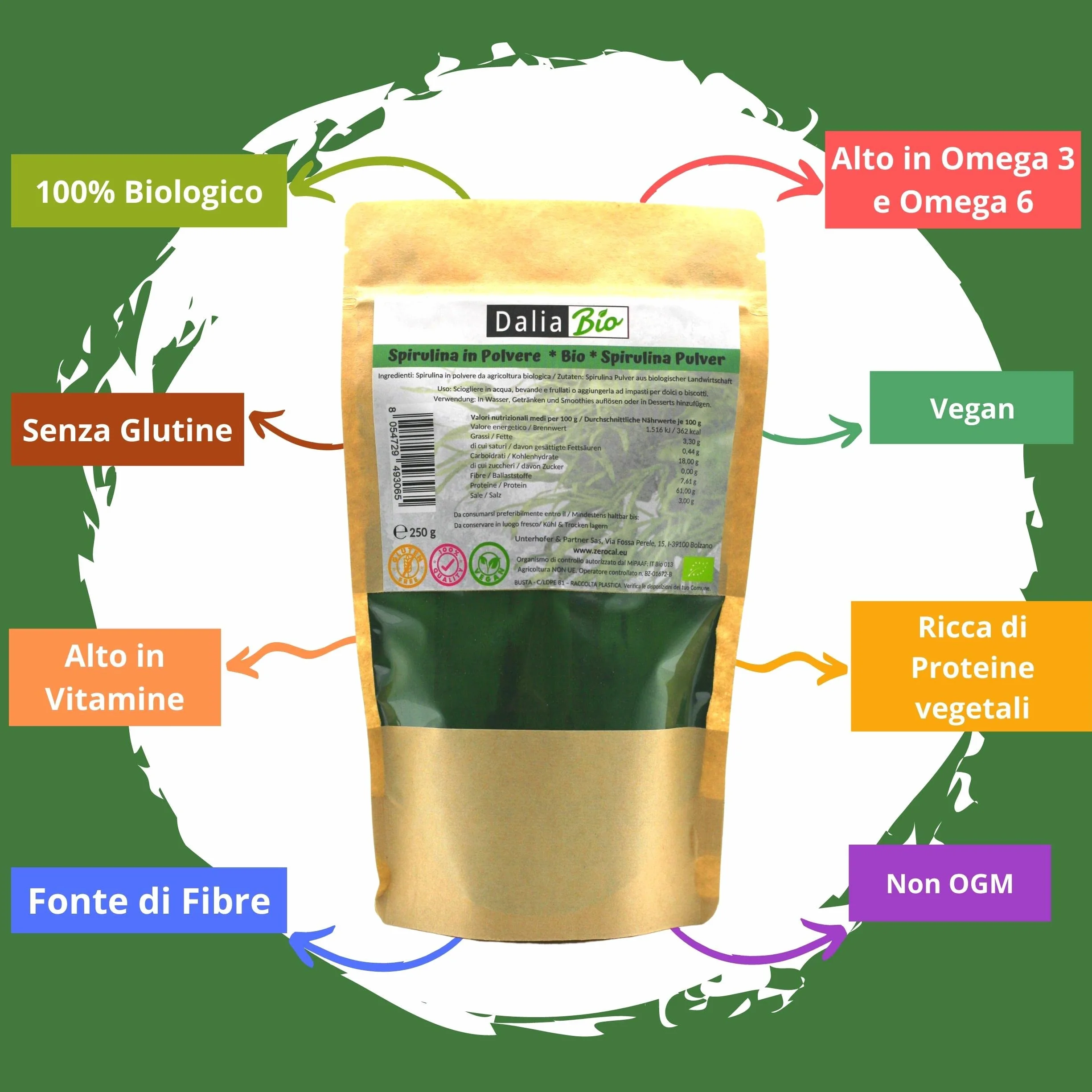 Spirulina Biologica In Polvere 250 Gr Ricca di Proteine, Calcio e Vitamine