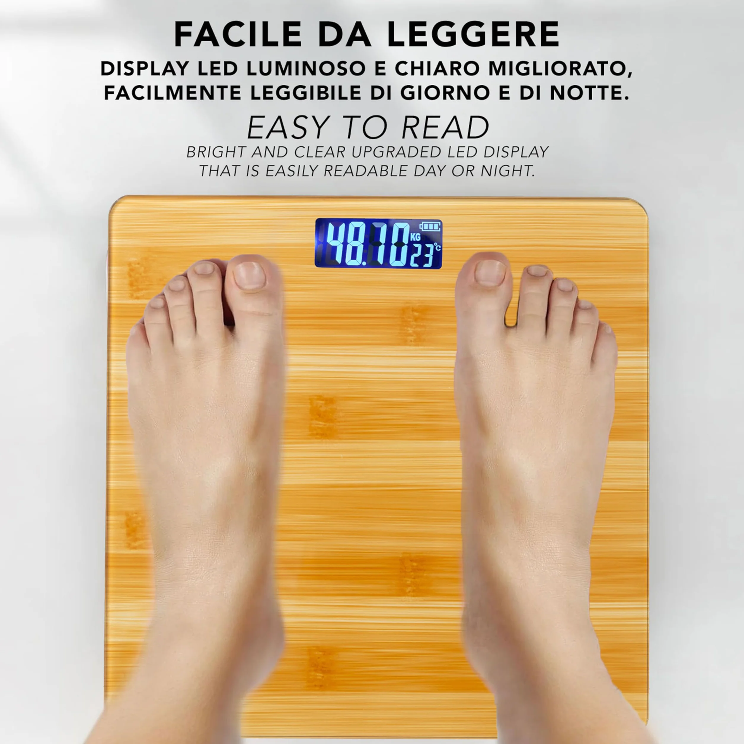 IPEA Bilancia Pesapersone Digitale Ultra Sottile color Legno - Tecnologia STEP ON - Massima Precisione Peso - Design Elegante in Vetro Temperato - Display Misurazione precisa 0,1 KG - Max 180Kg