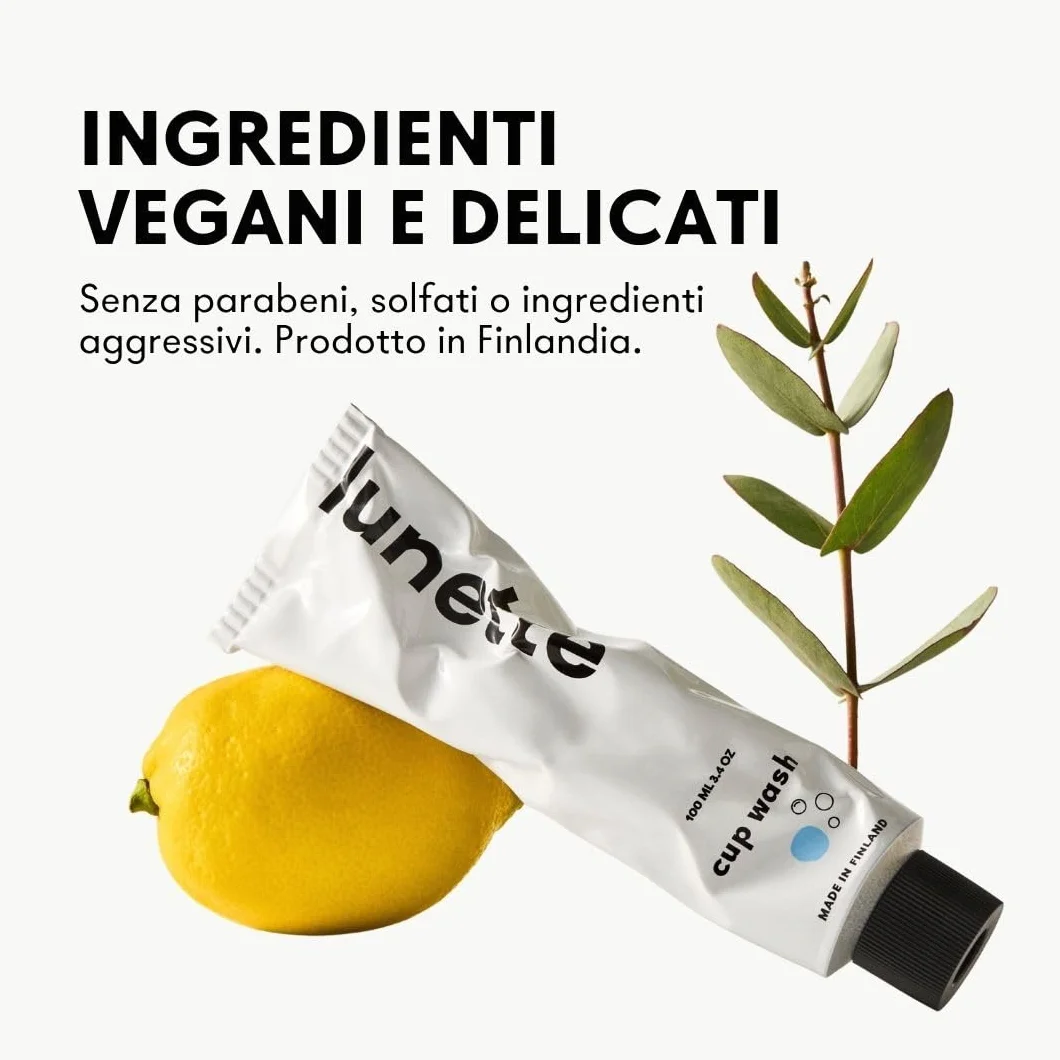 Lunette Gel per la Pulizia della Coppetta Mestruale – Gel a pH Bilanciato per Coppette e Dischi – Vegano e Sicuro per il Silicone – Formato da Viaggio – Prodotto in Finlandia, 100 ml