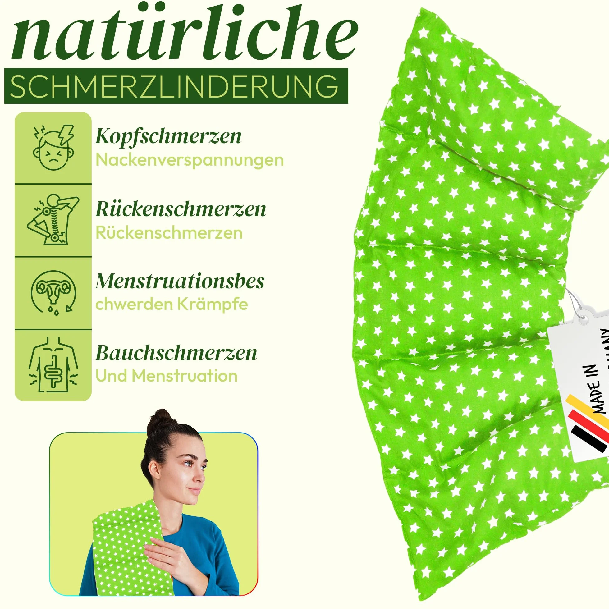 Grande cuscino con noccioli di ciliegia – Cuscino riscaldante per forno a microonde (cuscino termico) – Cuscino lungo – Cuscino con noccioli di ciliegia (verde chiaro)