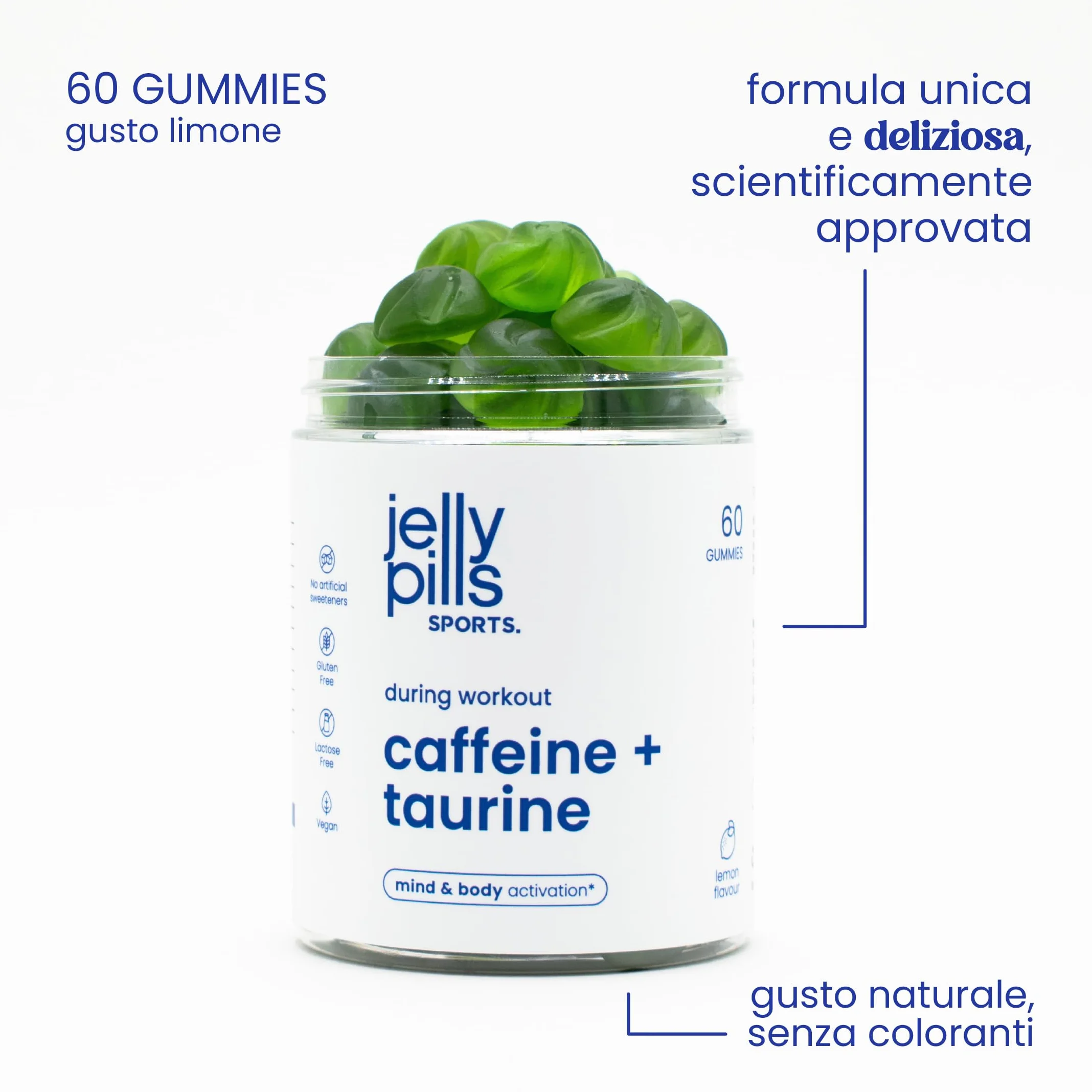 Gummies Caffeina Taurina Guaranà Energia Focus Mentale 60 Vegane Senza Zuccheri Gusto Limone Naturale Jelly Pills Sports