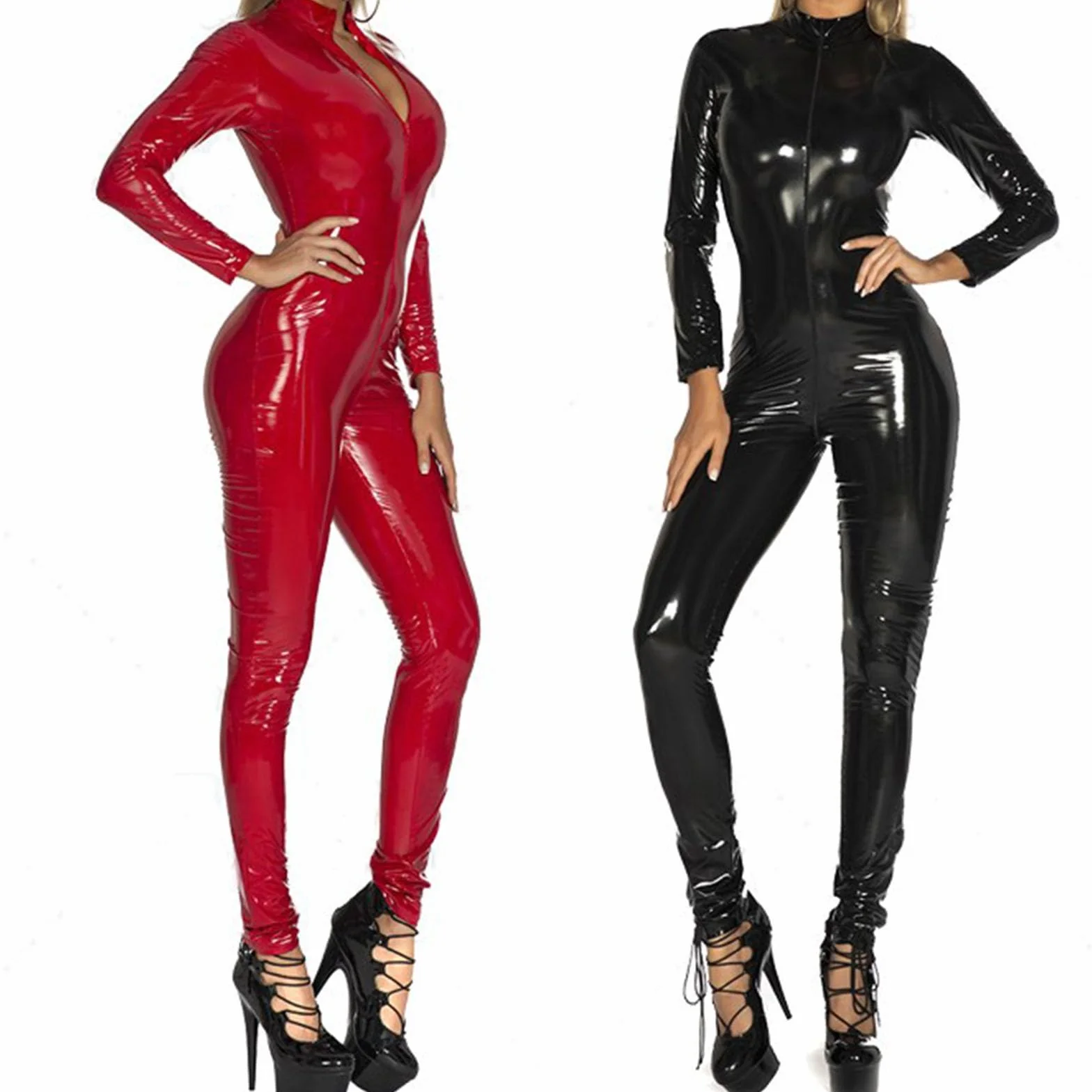 Generico Body Sexy Donna Tuta Pelle Cerniera Bodysuit Lingerie Jumpsuit Costumi Cosplay Lattice Lucido Discoteca