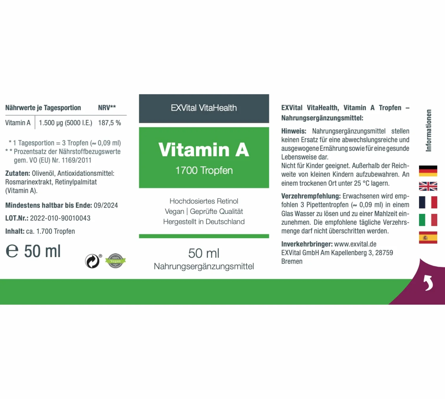 Vitamina A in gocce di EXVital – 5000 UI (1500 µg) per dose giornaliera, 50 ml = 1700 gocce, testata in laboratorio, retinolo ad alto dosaggio – vegana – vitamina A liquida