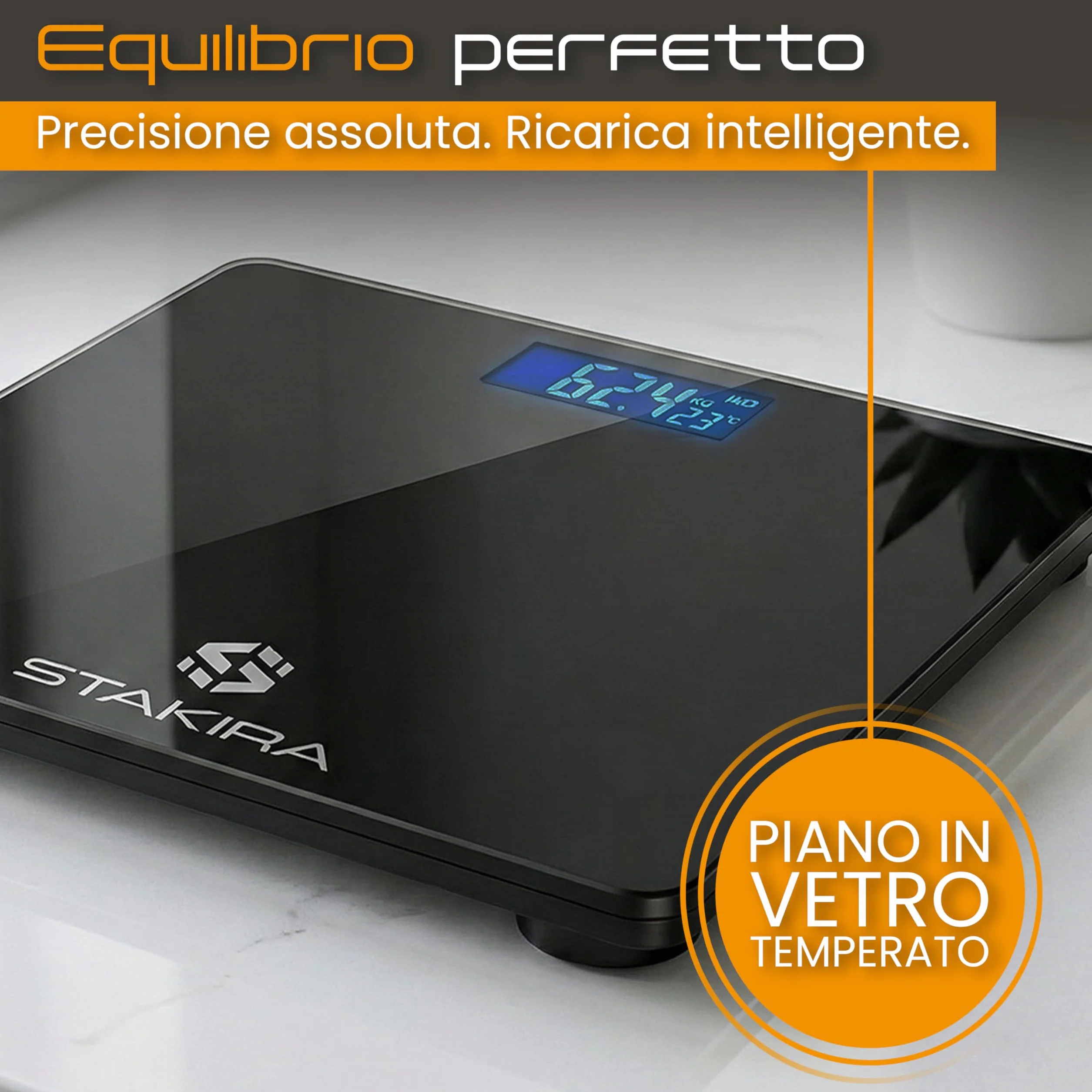 Bilancia Pesapersone Digitale STAKIRA 180 kg 0.1 kg USB Ricaricabile Display LCD Vetro Temperato Nero Temperatura Integrata 26x26 cm