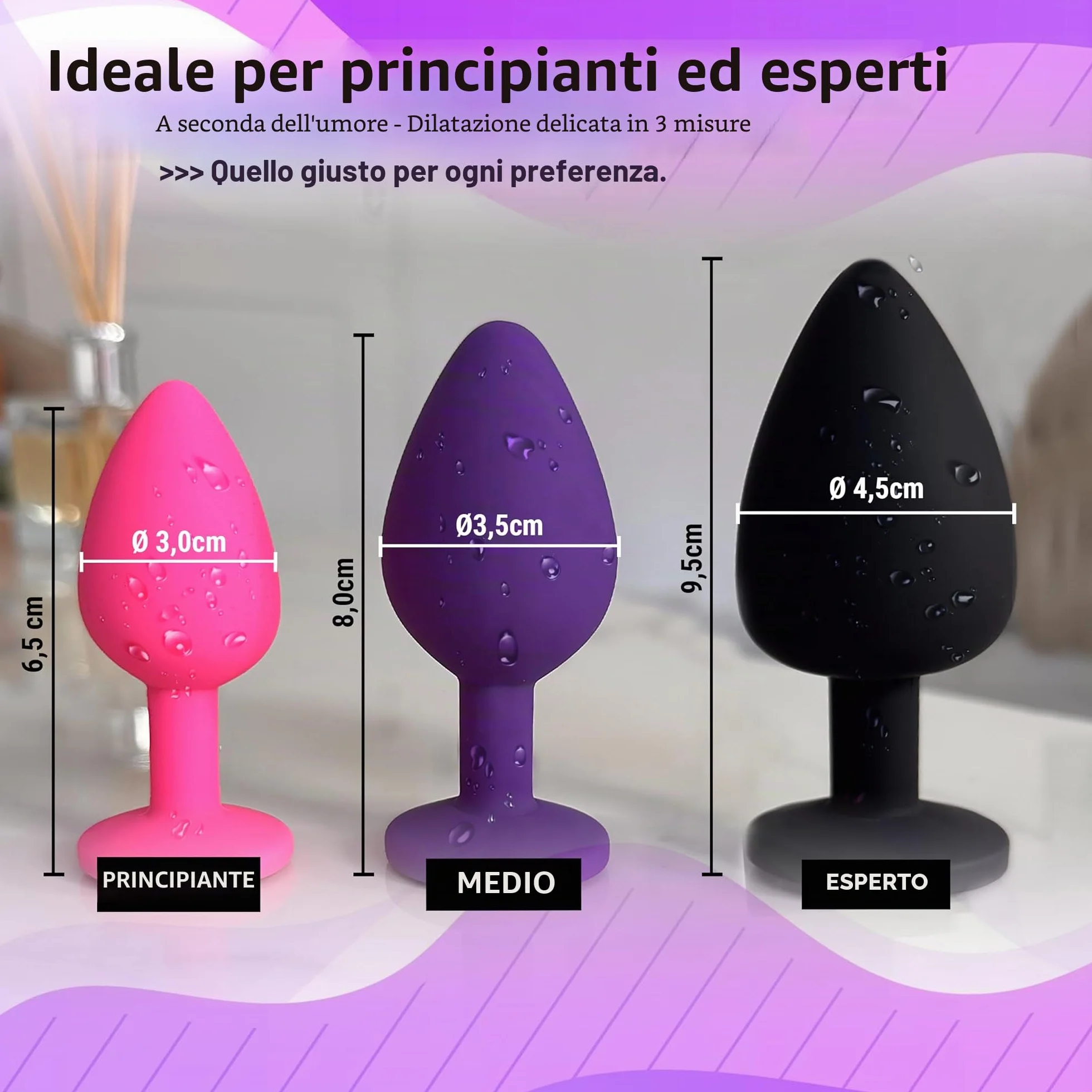 3x Butt Plug Anale Silicone Spina Anale Set Ø 30 mm, Ø 35 mm, Ø 45 mm, da Donna o Uomo, S + M + L Rosa + Porpora + Nero