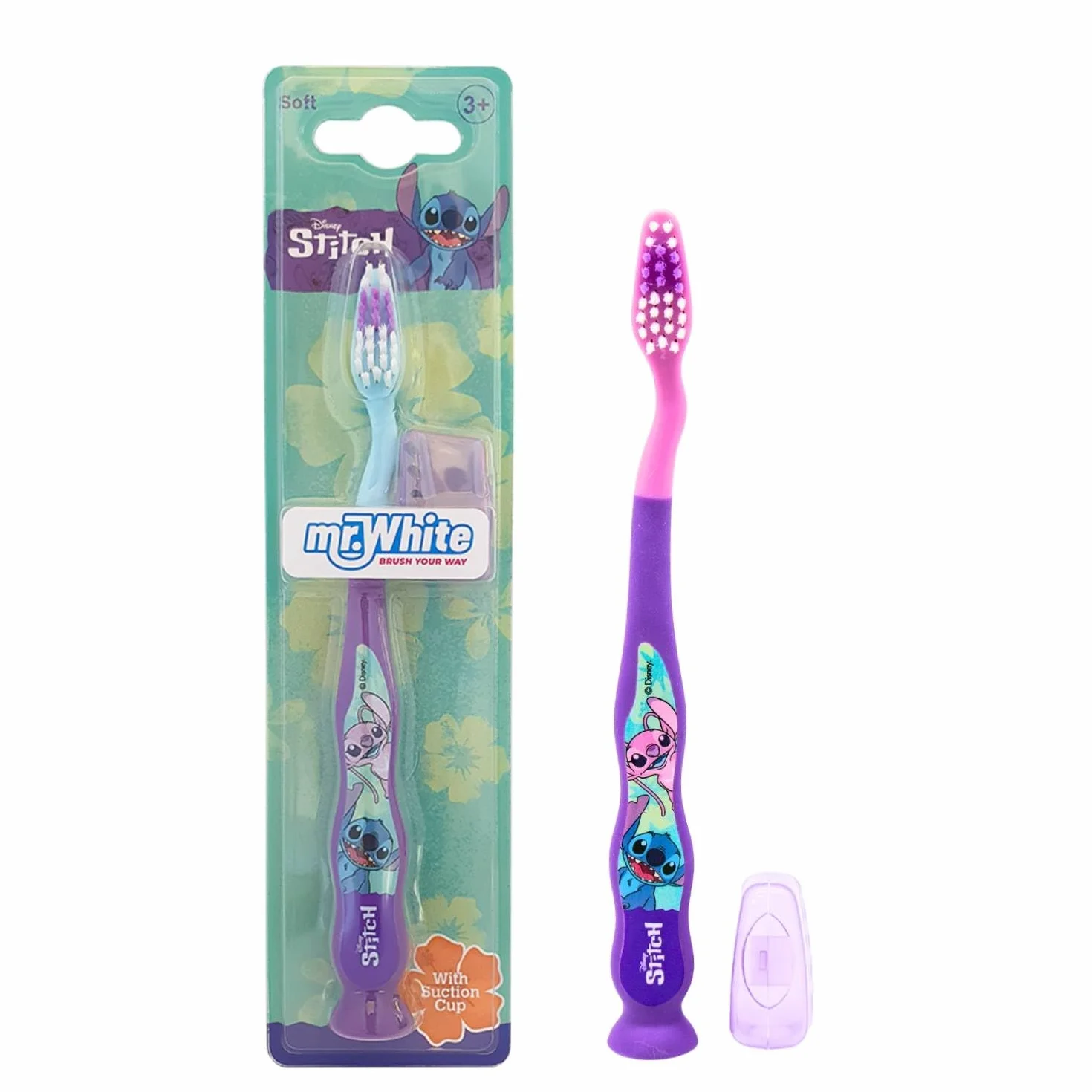 Spazzolino da denti piccoli Disney Stitch per bambini con cappuccio di protezione, setole morbide arrotondate, impugnatura comoda e ventosa per riporre in posizione verticale, per bambini dai 3 anni