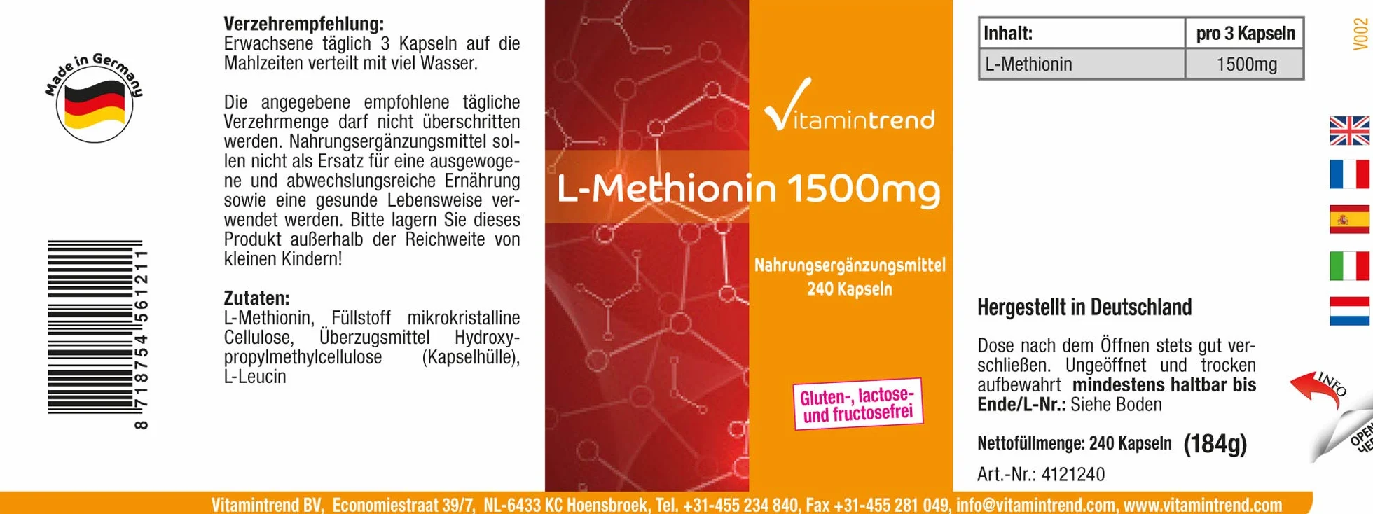 Vitamintrend L-Metionina 1500 mg per dose giornaliera, 240 capsule, ad alto dosaggio, integratore alimentare vegano senza magnesio stearato, prodotto in Germania