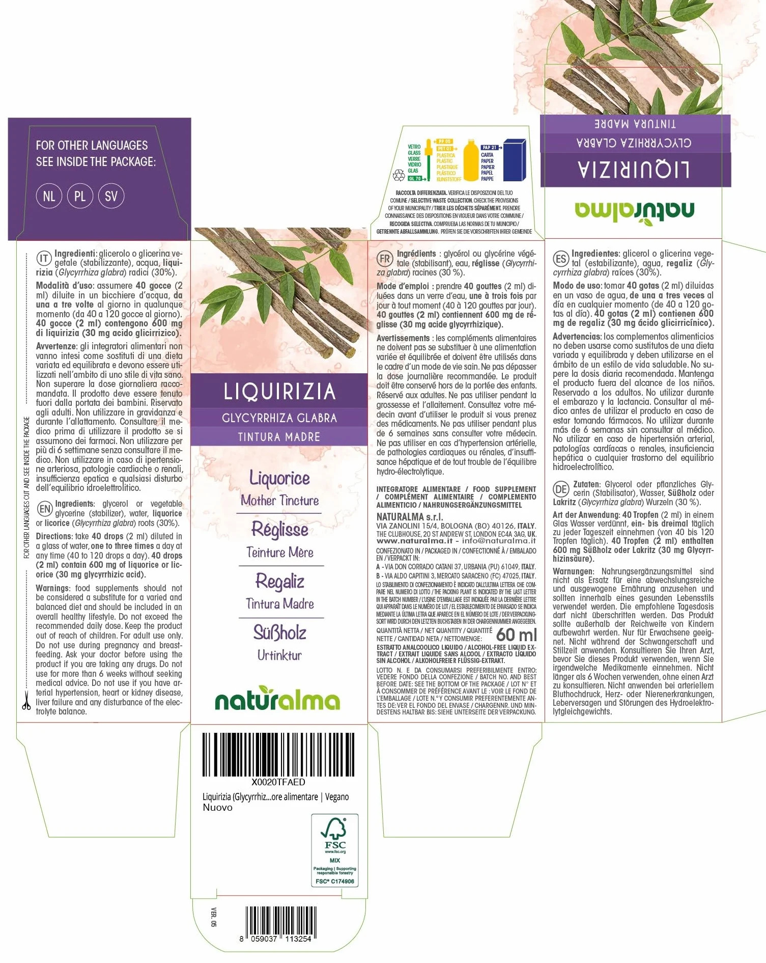 Naturalma Liquirizia Tintura Madre analcoolica Estratto liquido gocce 60 ml Integratore alimentare Vegano