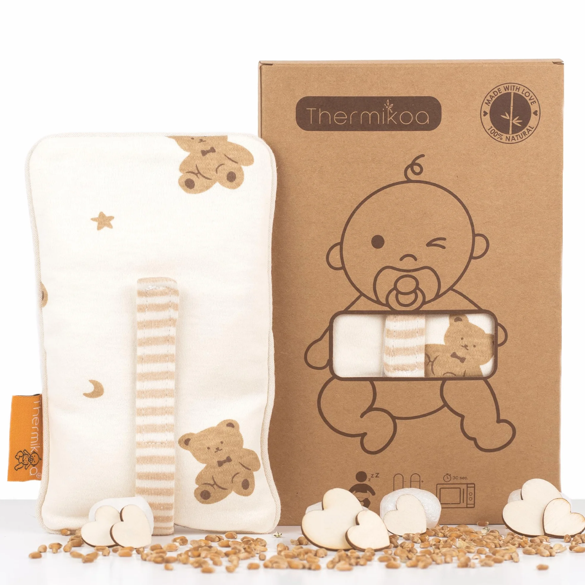 Thermikoa Borsa Acqua Calda Neonato Termica con Semi Naturali Fascia Regolabile per Microonde Cuscino Termico Lavabile Morbido per Pancino Bebè