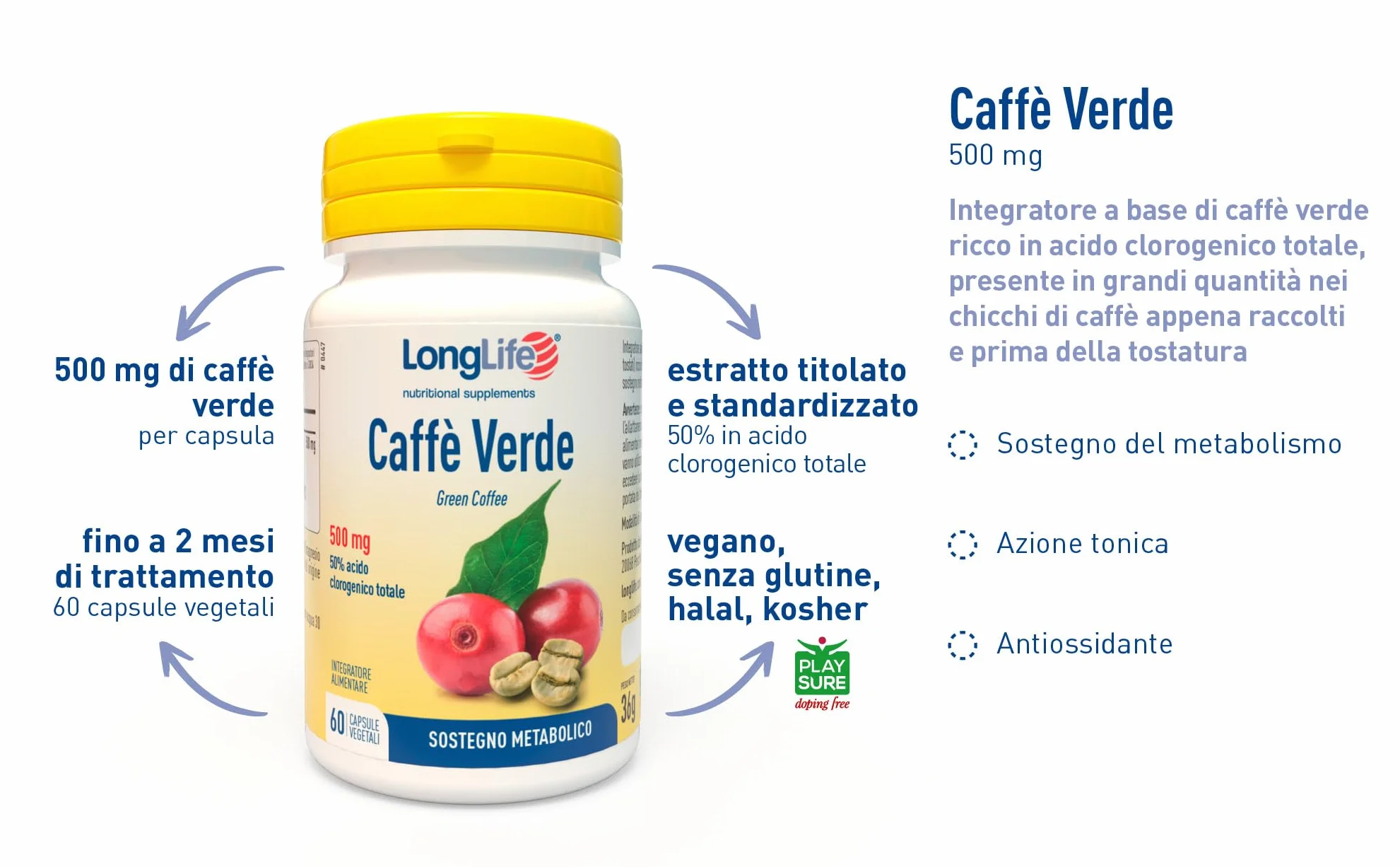 LongLife Caffè Verde Estratto 50% Acido Clorogenico Sostegno Metabolico Vegano Senza Glutine