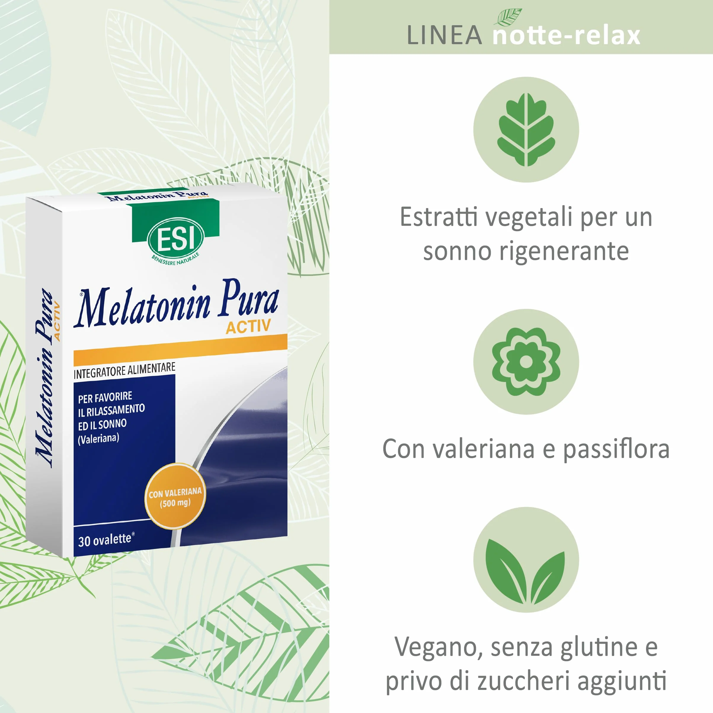 ESI Melatonin Pura Activ Integratore Alimentare Melatonina Valeriana Sonno Stress 30 Ovalette