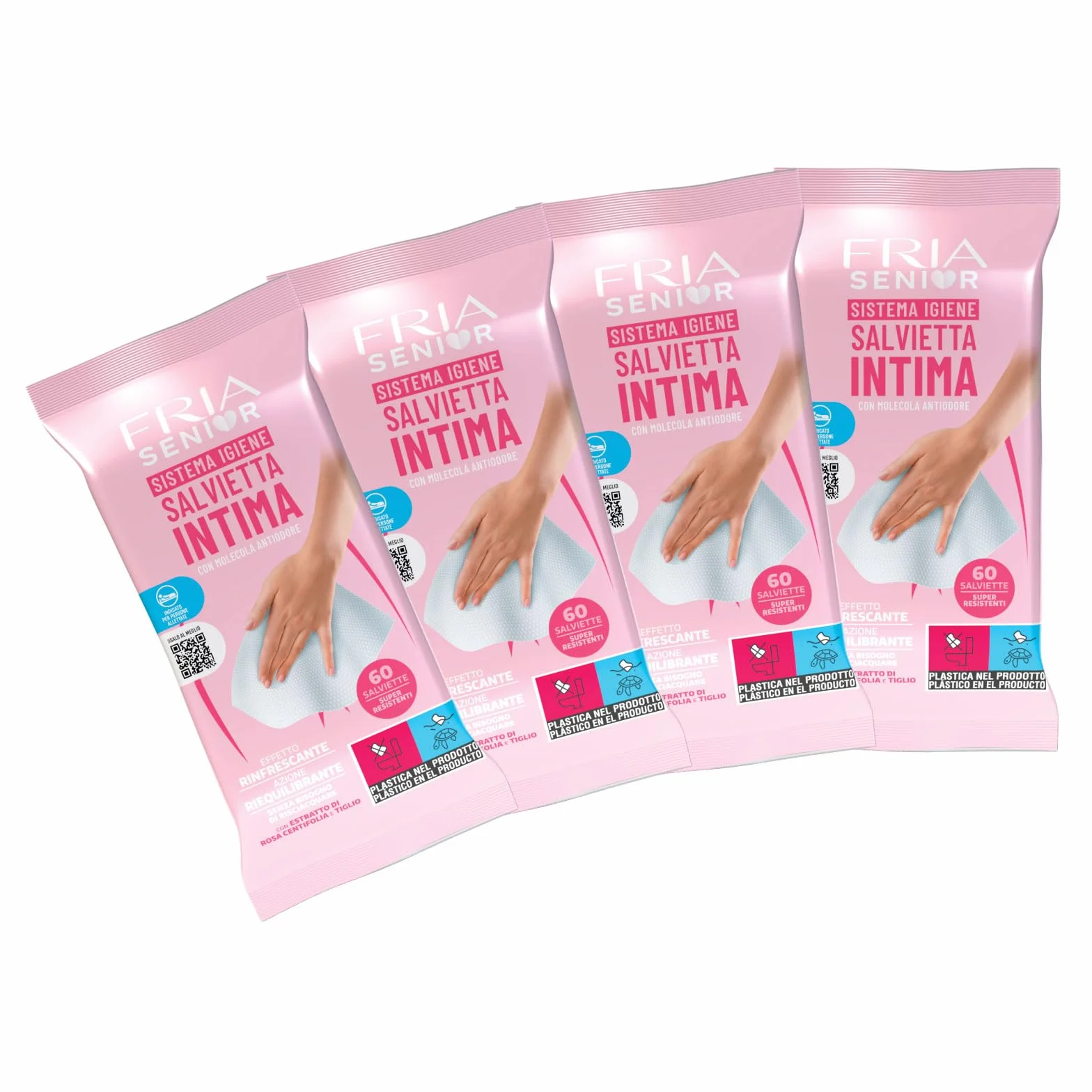 Salviette per l’Igiene Intima degli Anziani - con Estratti di Rosa Centifolia e Tiglio - Azione Riequilibrante - Antiodore - Formato: 60 Salviette - FRIA Senior (Confezione da 4)