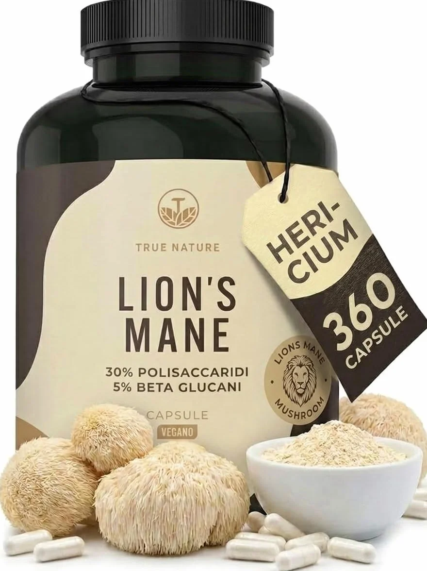 Lions Mane - 360 Capsule - 60000mg (Estratto 30:1) Alto dosaggio - Hericium Erinaceus 30% Polisaccaridi e 5% Beta Glucano - criniera di leone - Testato in Laboratorio - TRUE NATURE®