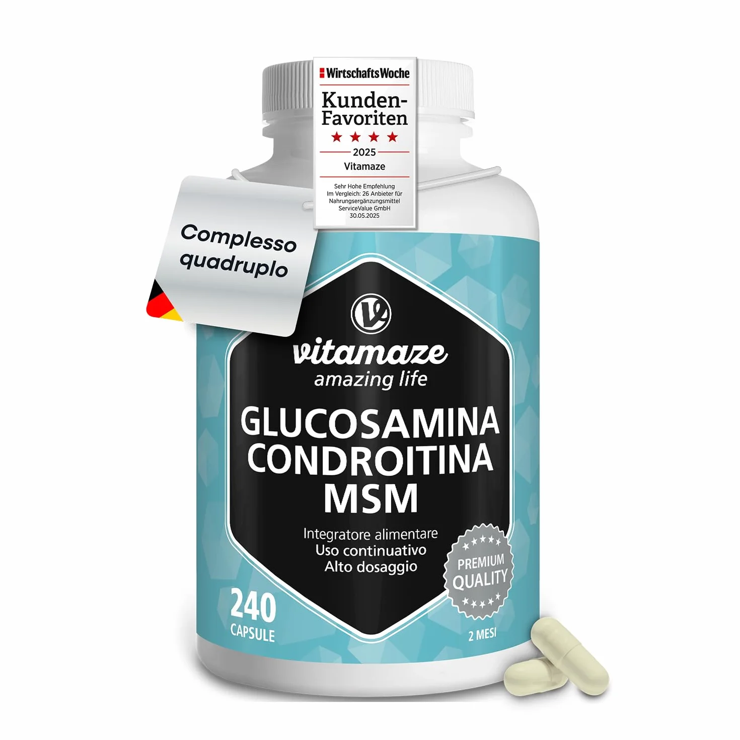 Glucosamina Condroitina MSM 2250 mg con Vitamina C, 240 Capsule, Articolazioni e Cartilagine Integratori, Alto Dosaggio, Naturale senza Additivi non Necessari, Qualitá Tedesca - Vitamaze®
