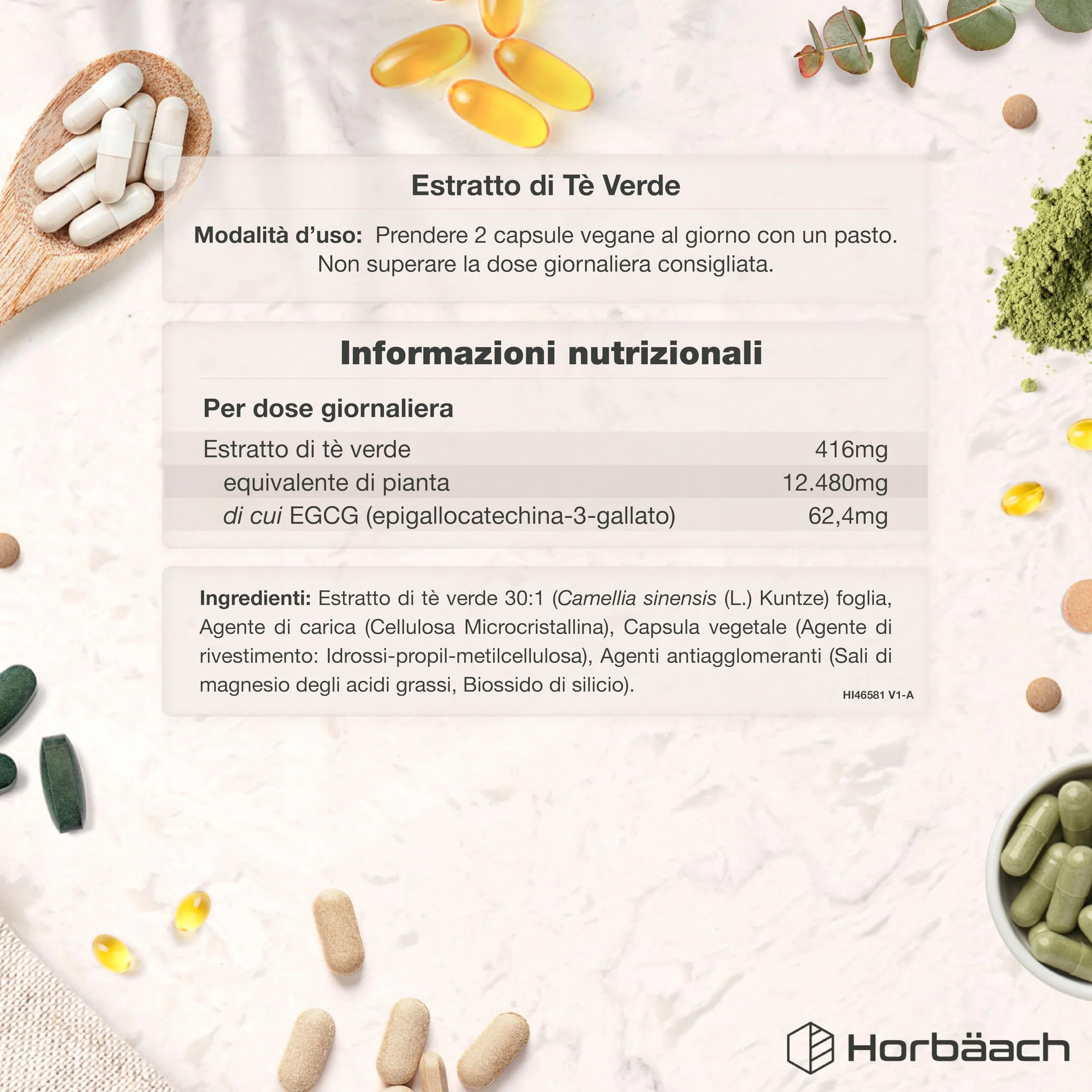 Tè Verde Capsule 12480mg | 120 Capsule Vegane | Estratto di Te Verde Integratore in Polvere | Alto Dosaggio | Green Tea Extract | di Horbaach